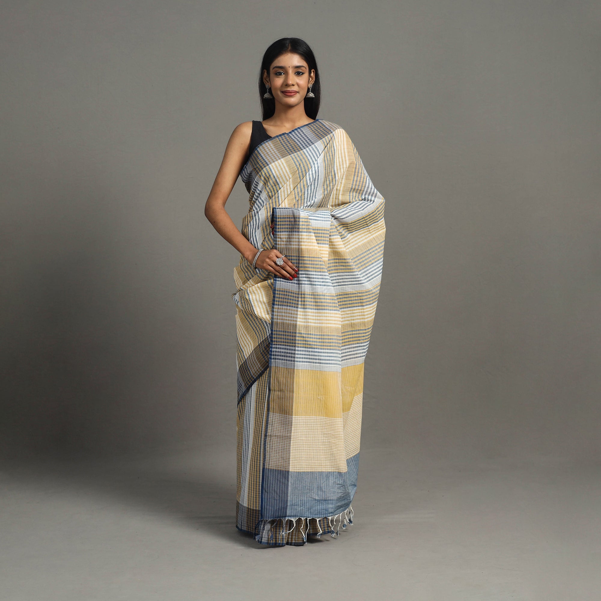CREYO Beige - Stripes Cotton Handloom Saree 08