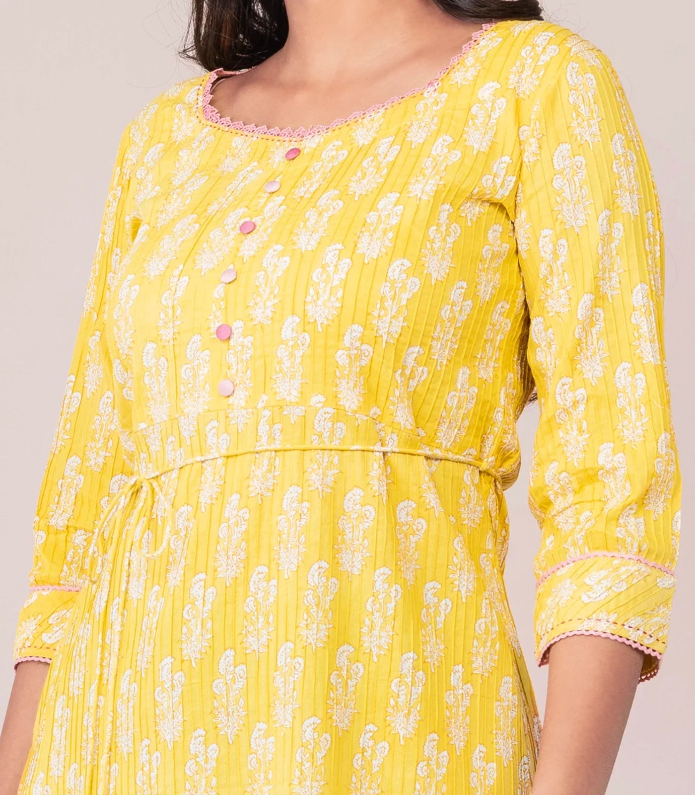 RmKV Yellow pin tuck cotton kurta with rope tassel tie up - view 2