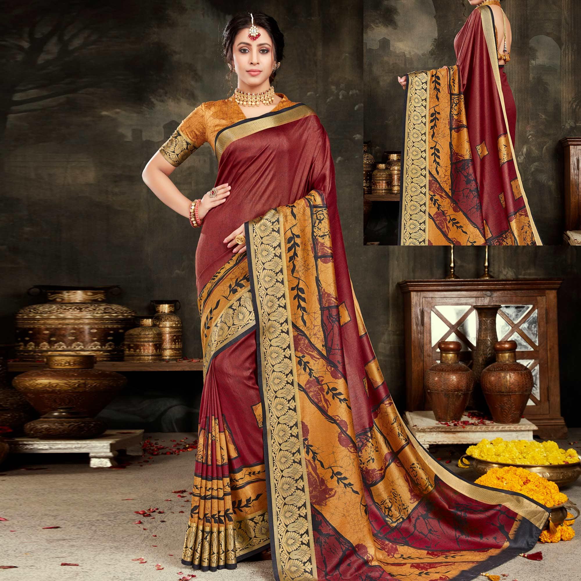 Peachmode Majesty Maroon Colored Festive Wear Woven Silk Saree