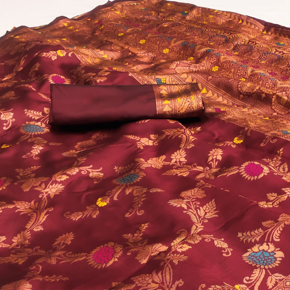 Peachmode Maroon Floral Woven Art Silk Saree – Women's - view 3