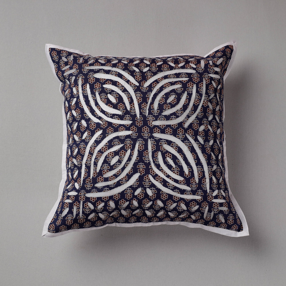 SHADES OF MARUDHARA Blue - Cutwork Cotton Applique Cushion Cover (16 x 16 in)