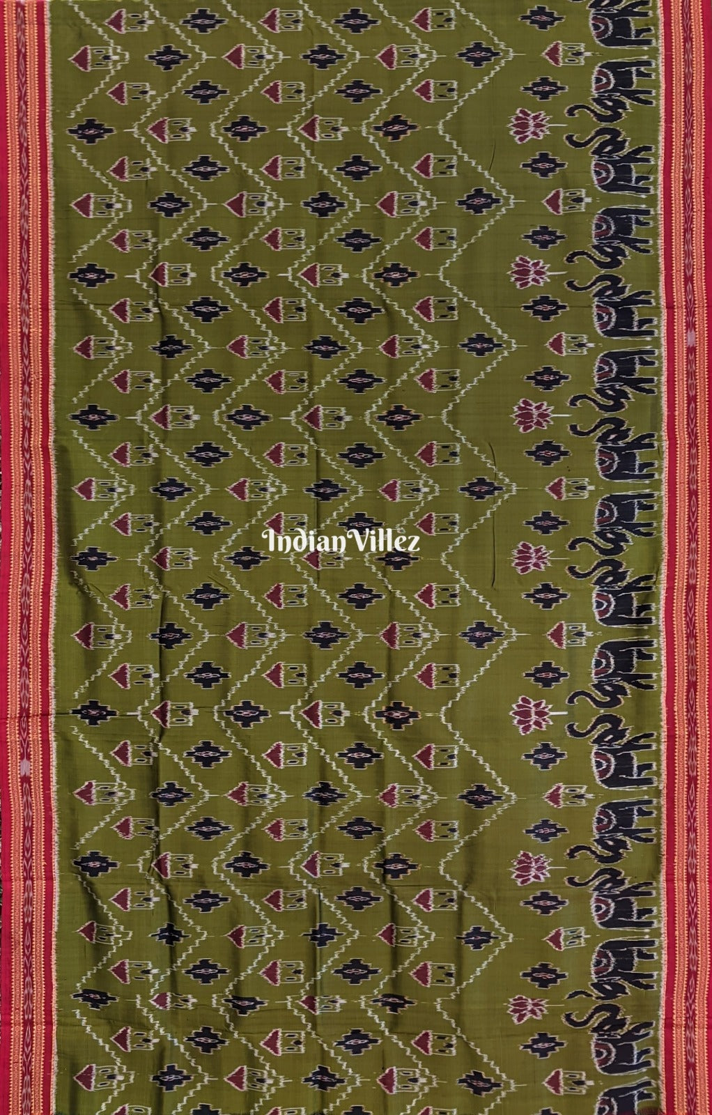 IndianVillèz Jungle Green Tribal Elephant Odisha Ikat Khandua Silk Saree - view 2
