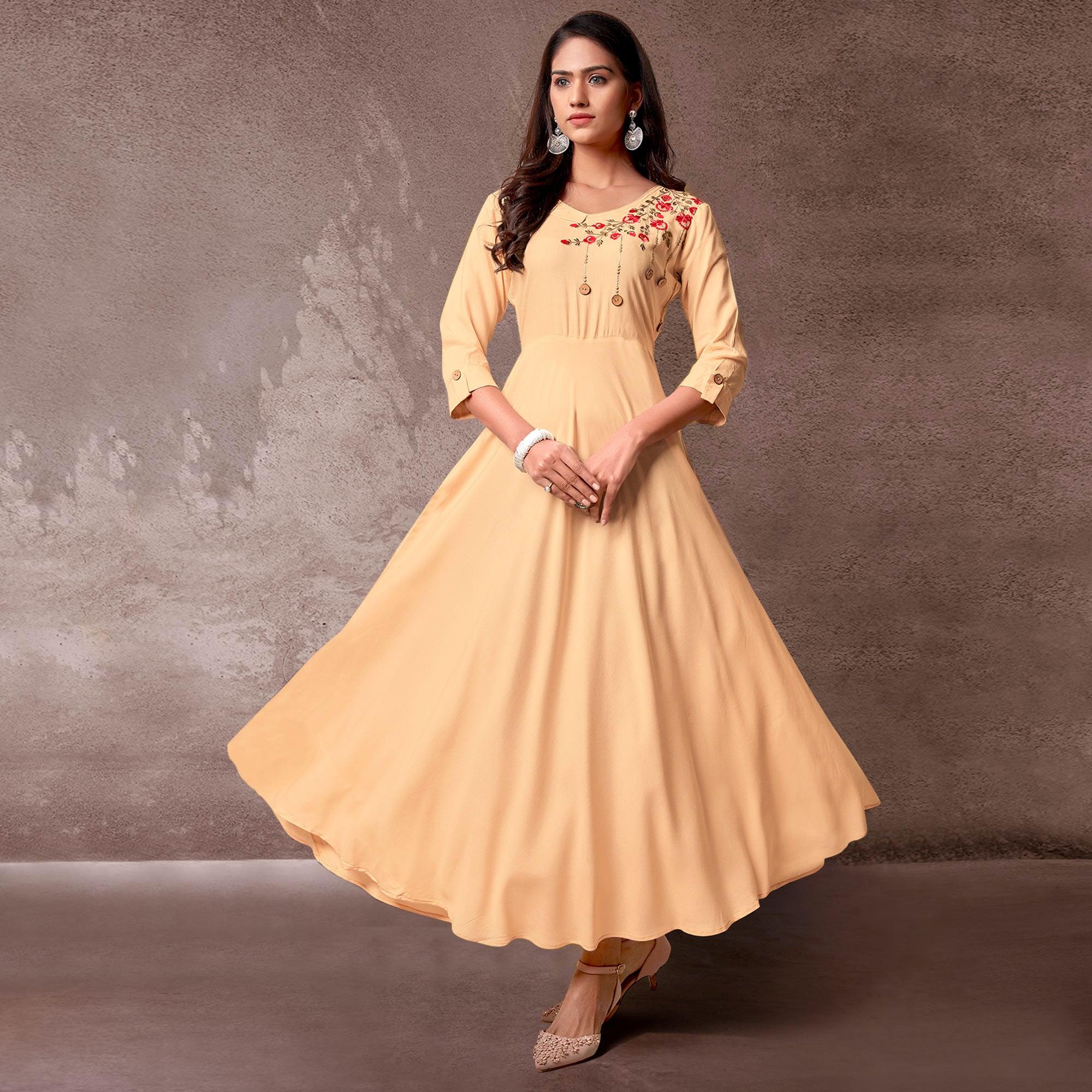 Peachmode Seller Cream Floral Embroidered Rayon Gown