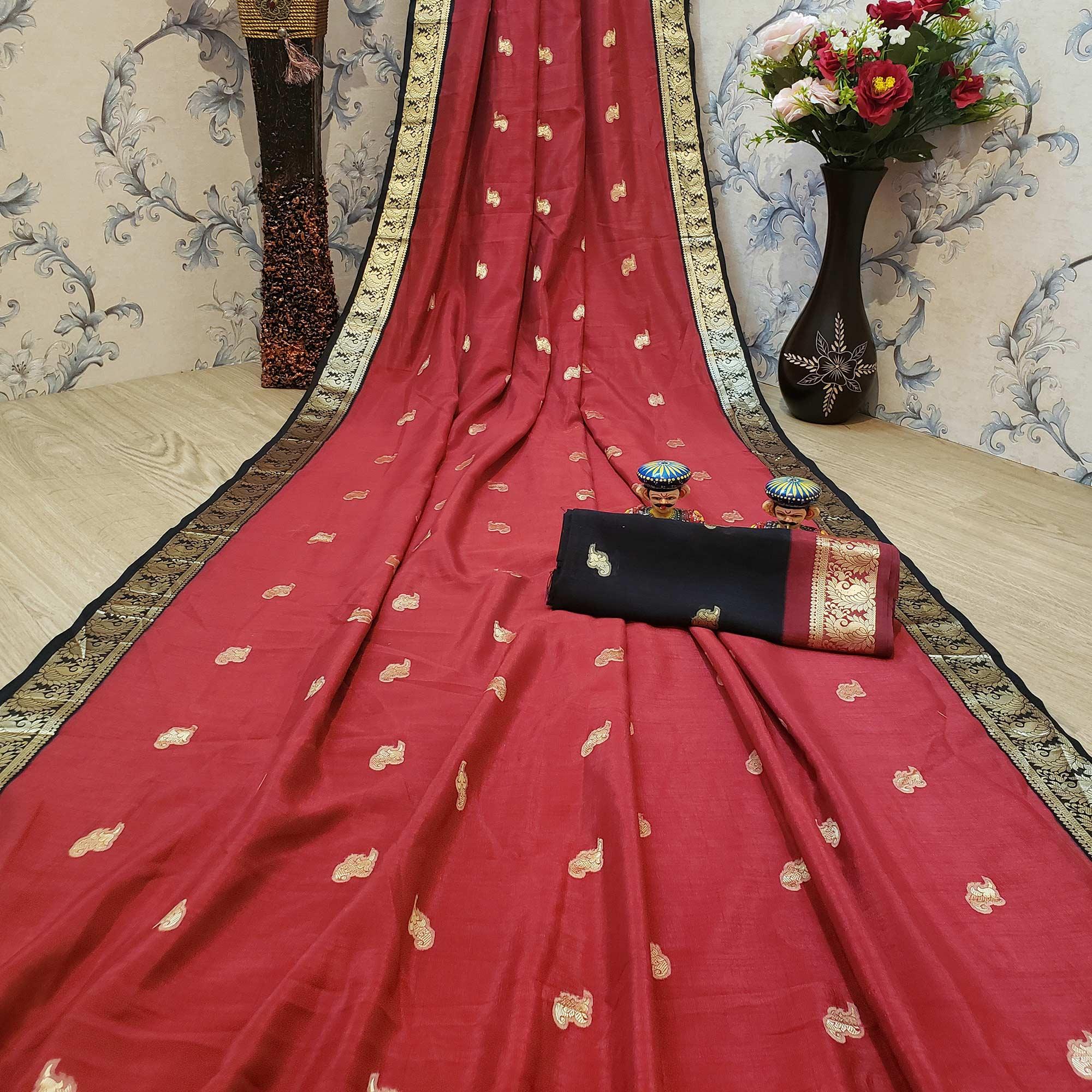 Peachmode Hypnotic Red Colored Festive Wear Woven Soft Vichitra Silk Saree