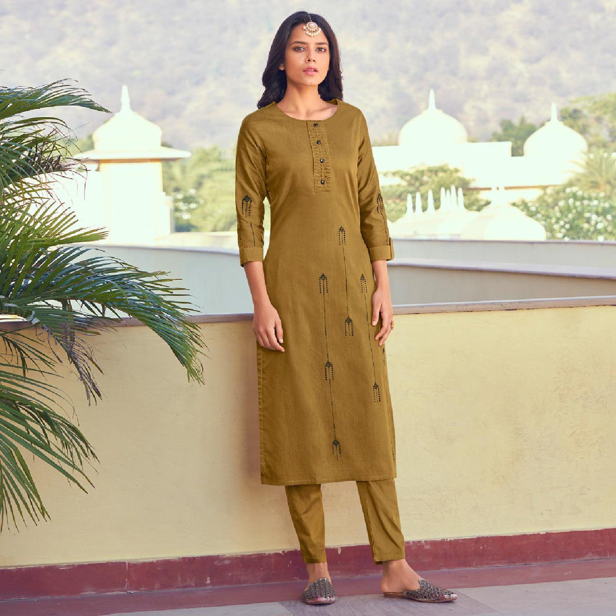 Peachmode Seller Mehendi Green Embroidered Viscose Kurti Pant Set - view 2