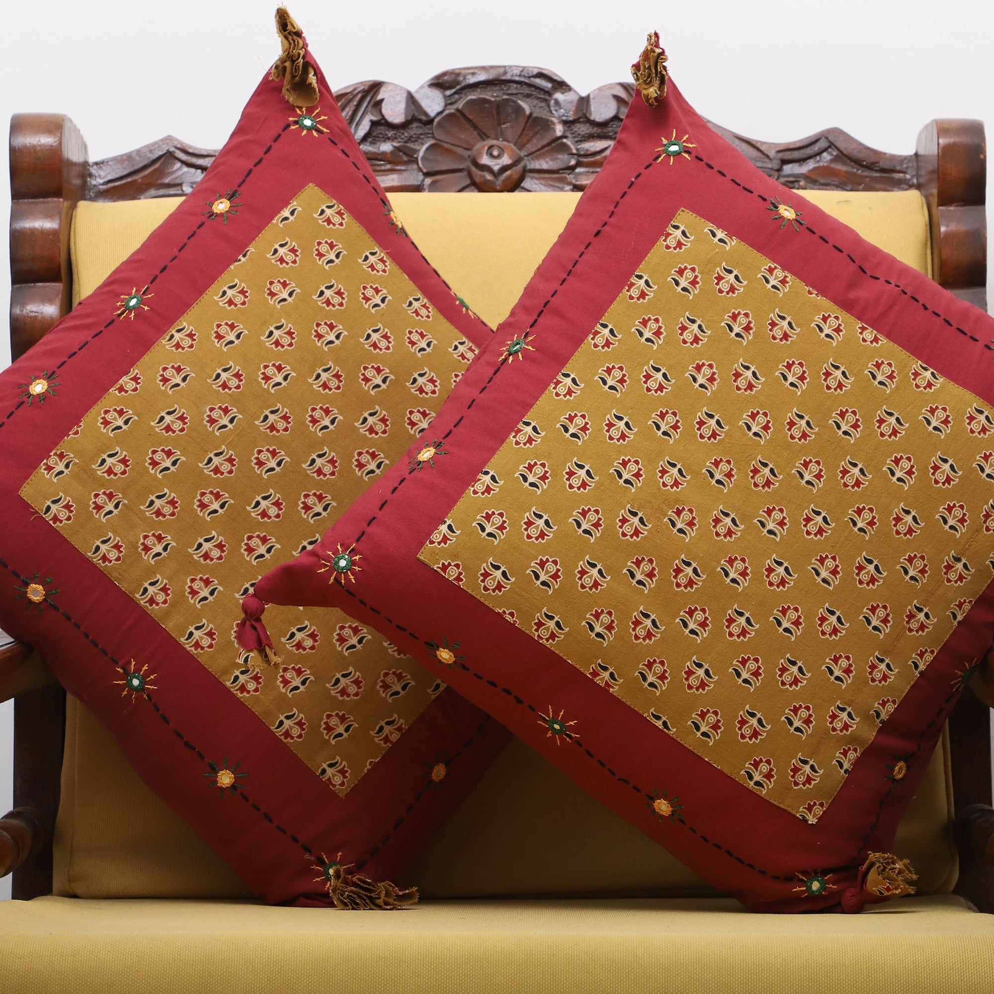 TICS Brown - Bagh Hand Block Printed Cotton Cushion Cover with Thread Embroidery - view 2