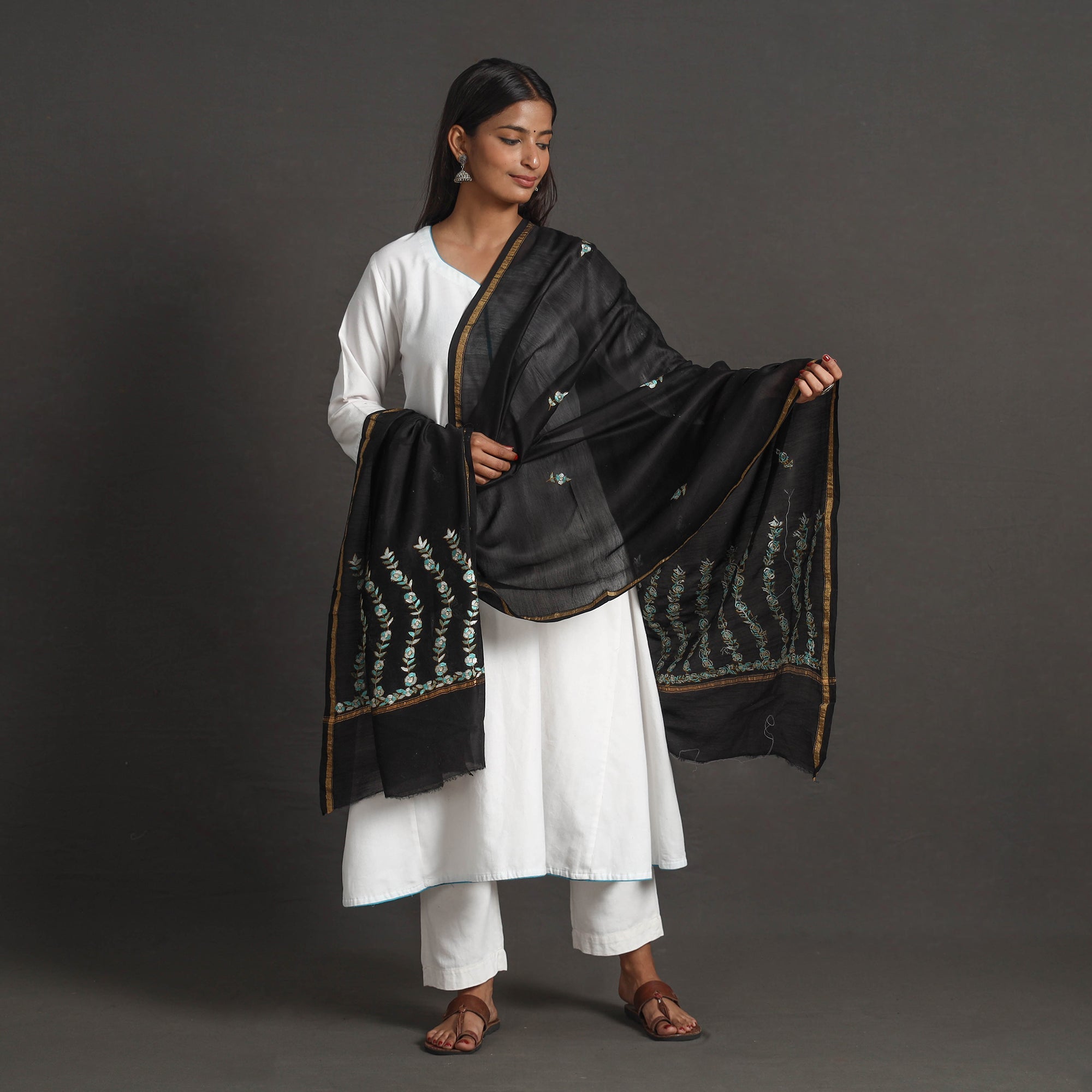 ITOKRI CRAFTS INITIATIVE Black - Handloom Chanderi Silk Kashida Embroidery Dupatta 31 - view 2