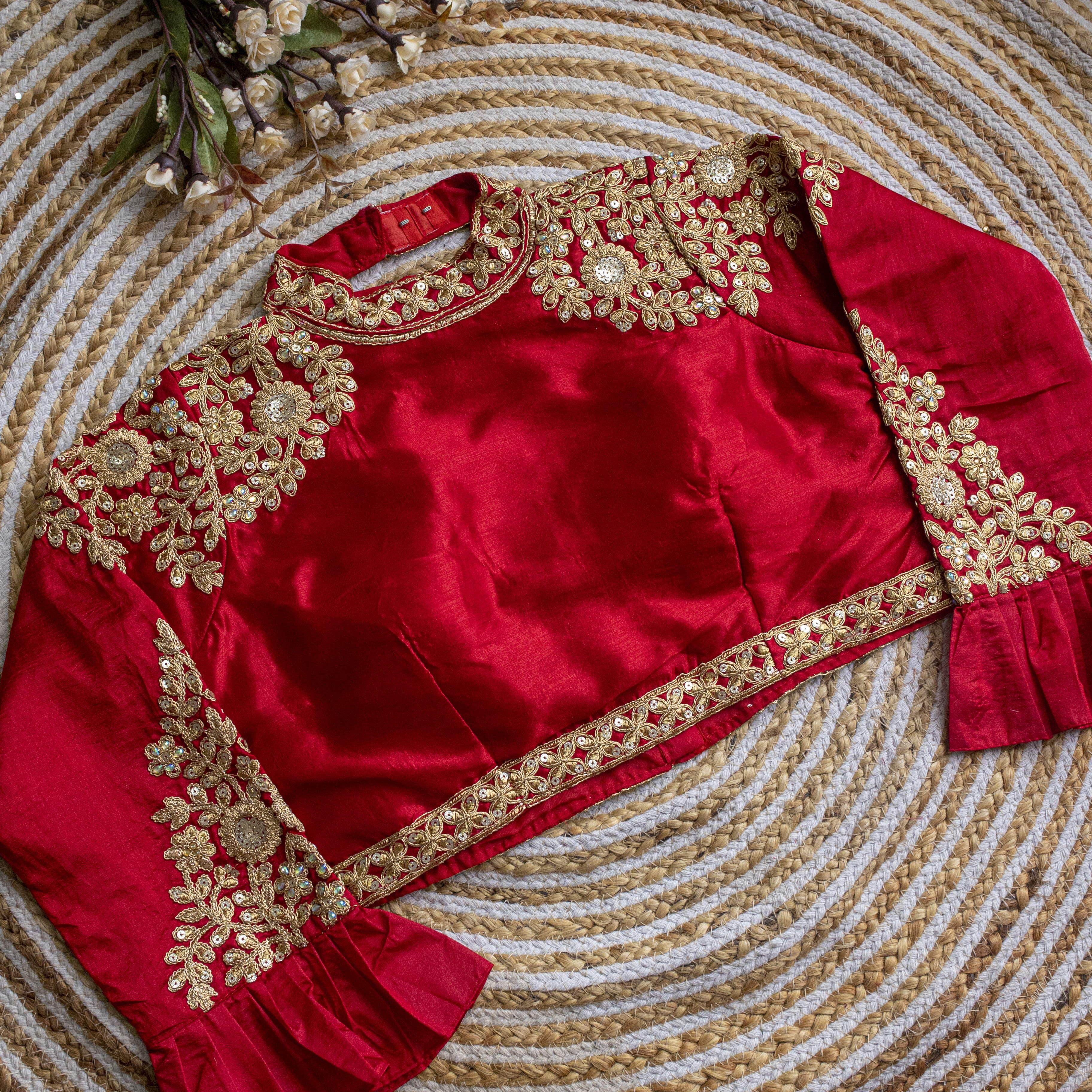 ClothsVilla Red Golden Sequence Embroidered Blouse in glossy silk