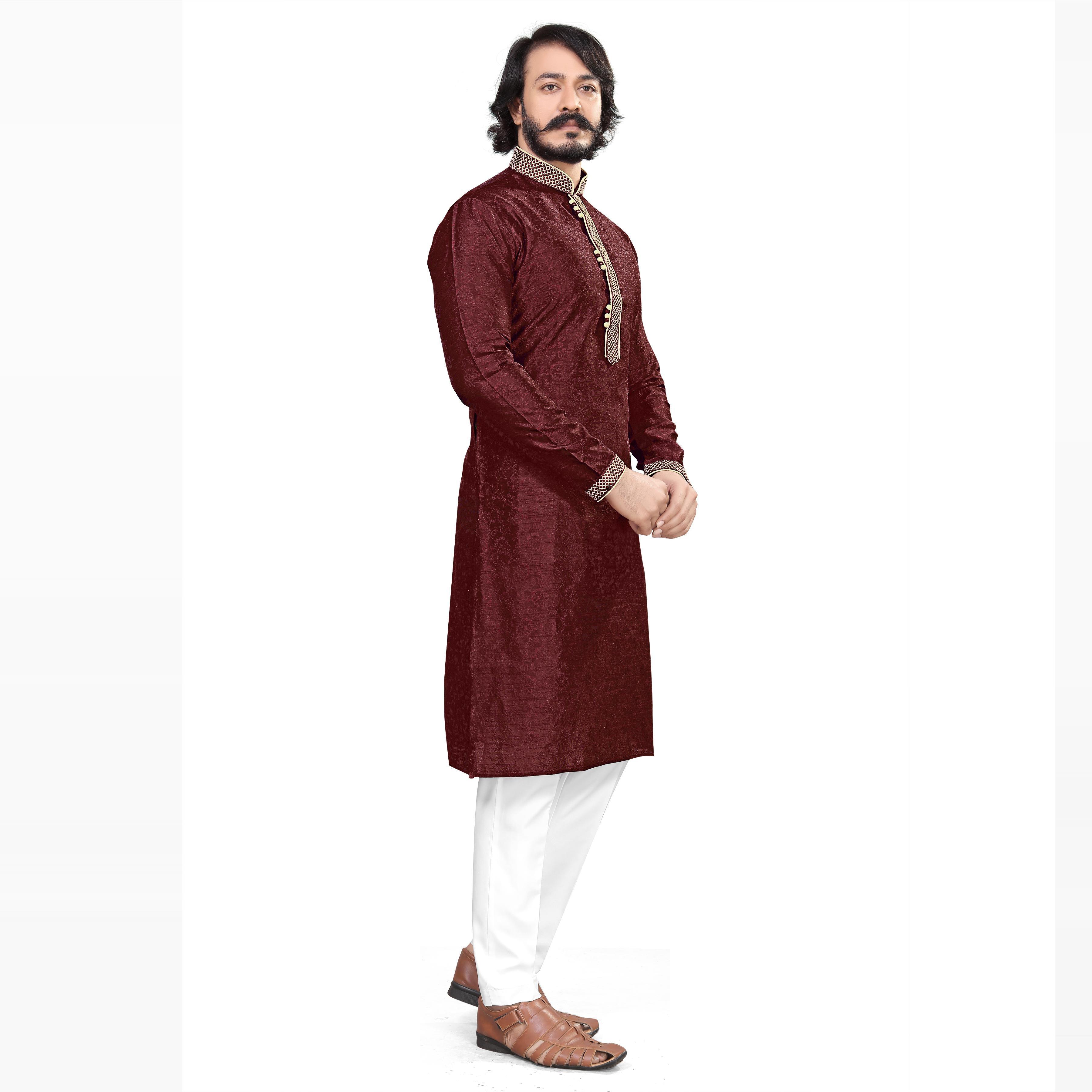 Peachmode Seller Maroon Woven Jacquard Men's Kurta Pyjama Set - view 2