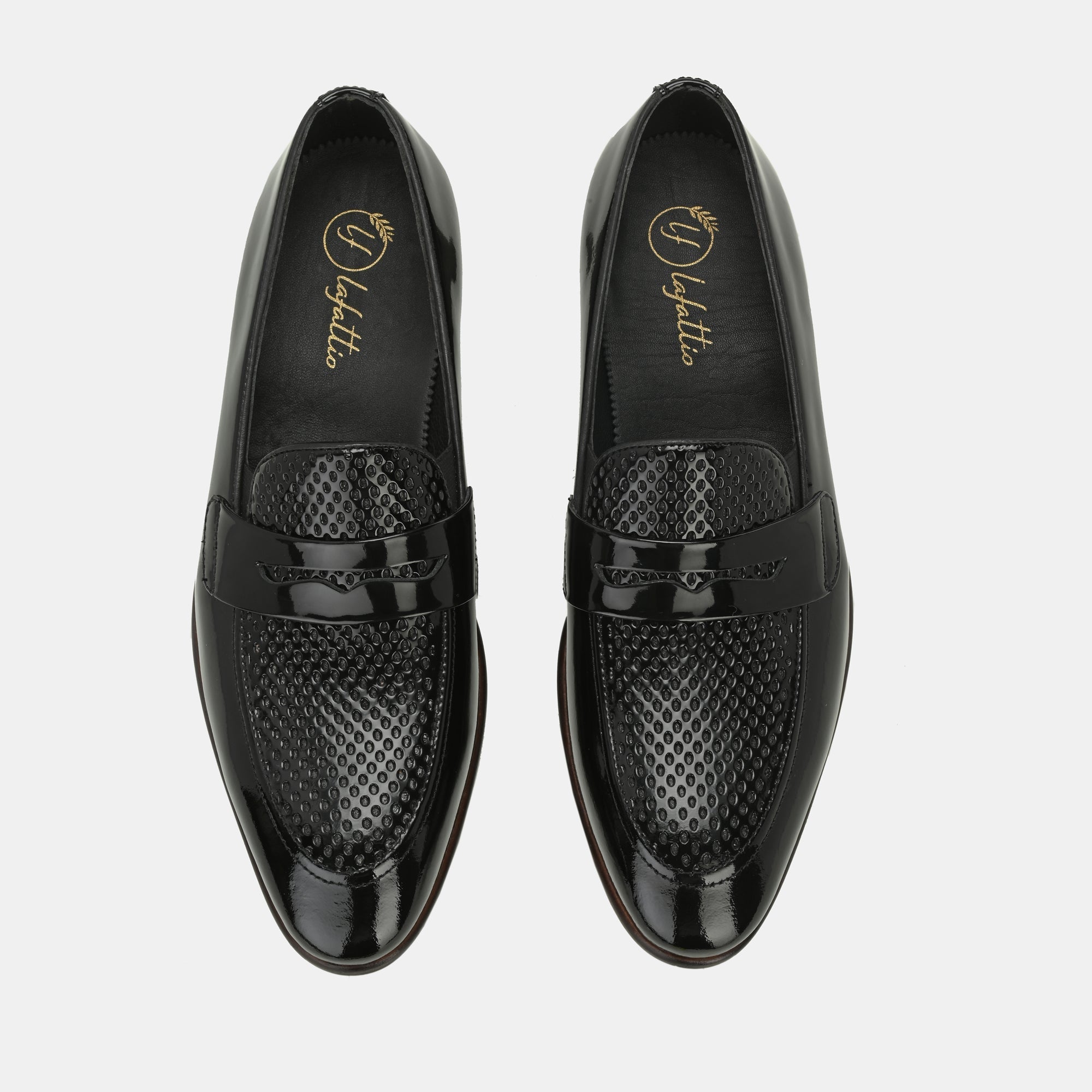 Patent Black Perforated Penny Loafers by Lafattio - view 4