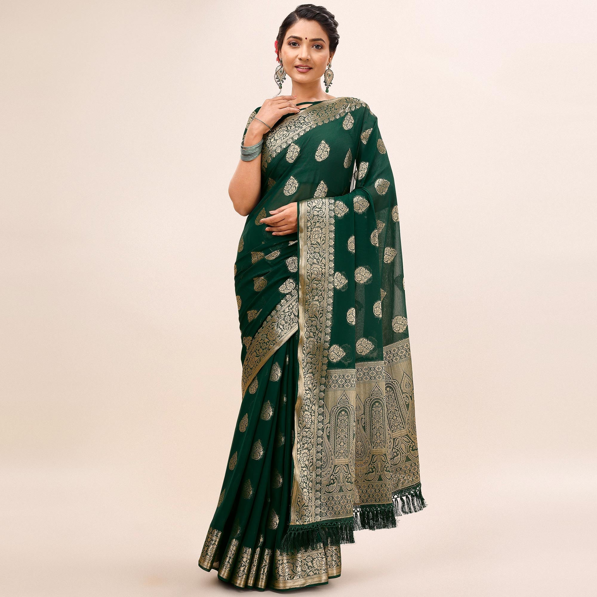 Peachmode Dark Green Woven Chiffon Saree With Tassels - view 2