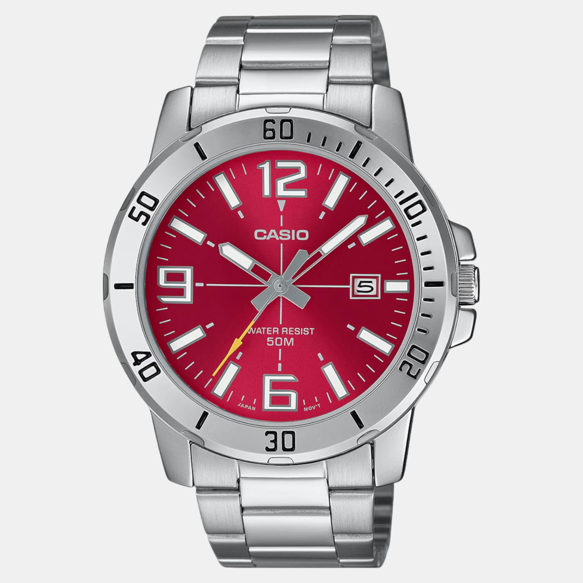 Casio Enticer Men Quartz Red Dial Analog Stainless Steel Watch A2338