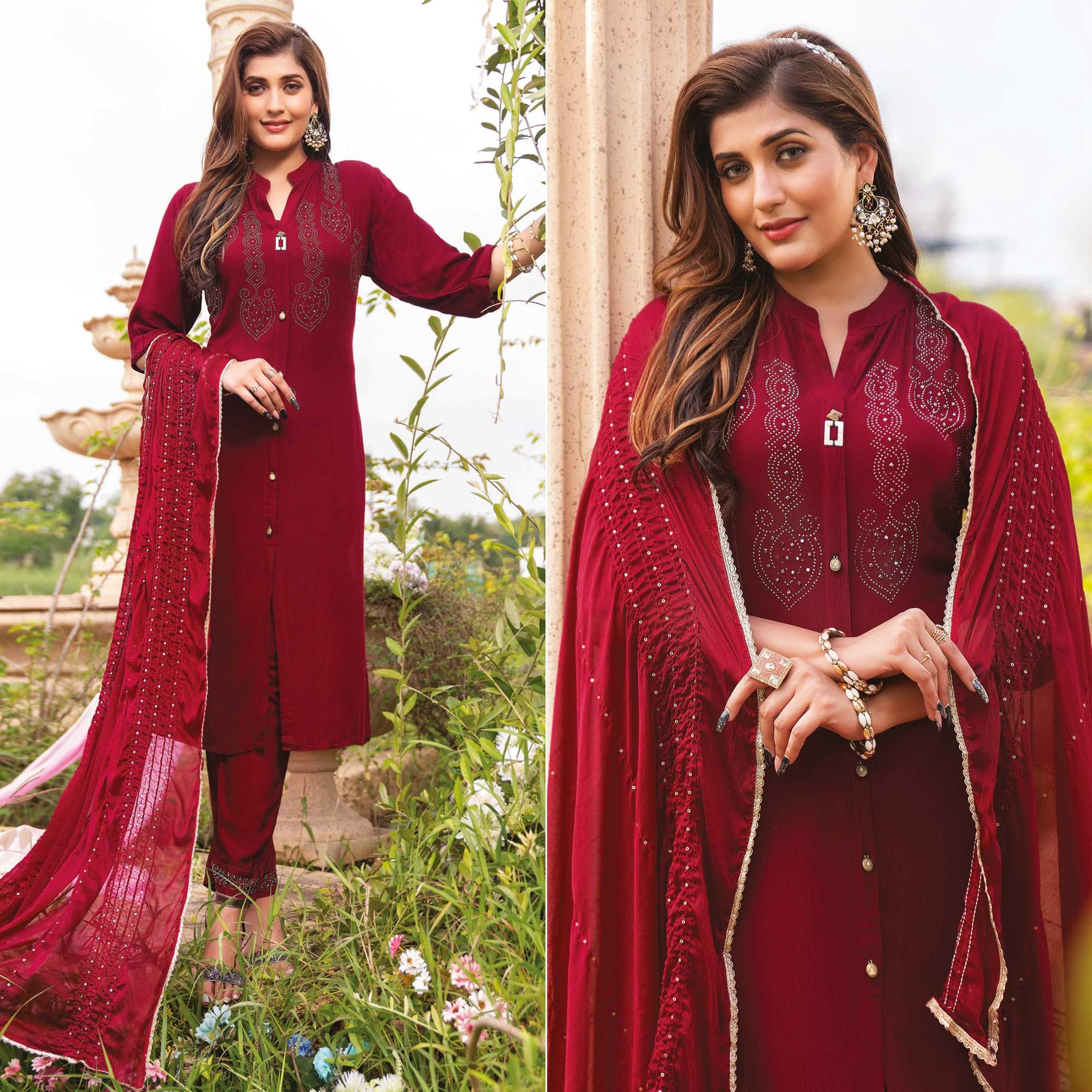 Peachmode Seller Dark Red Swarovski Work Rayon Salwar Suit