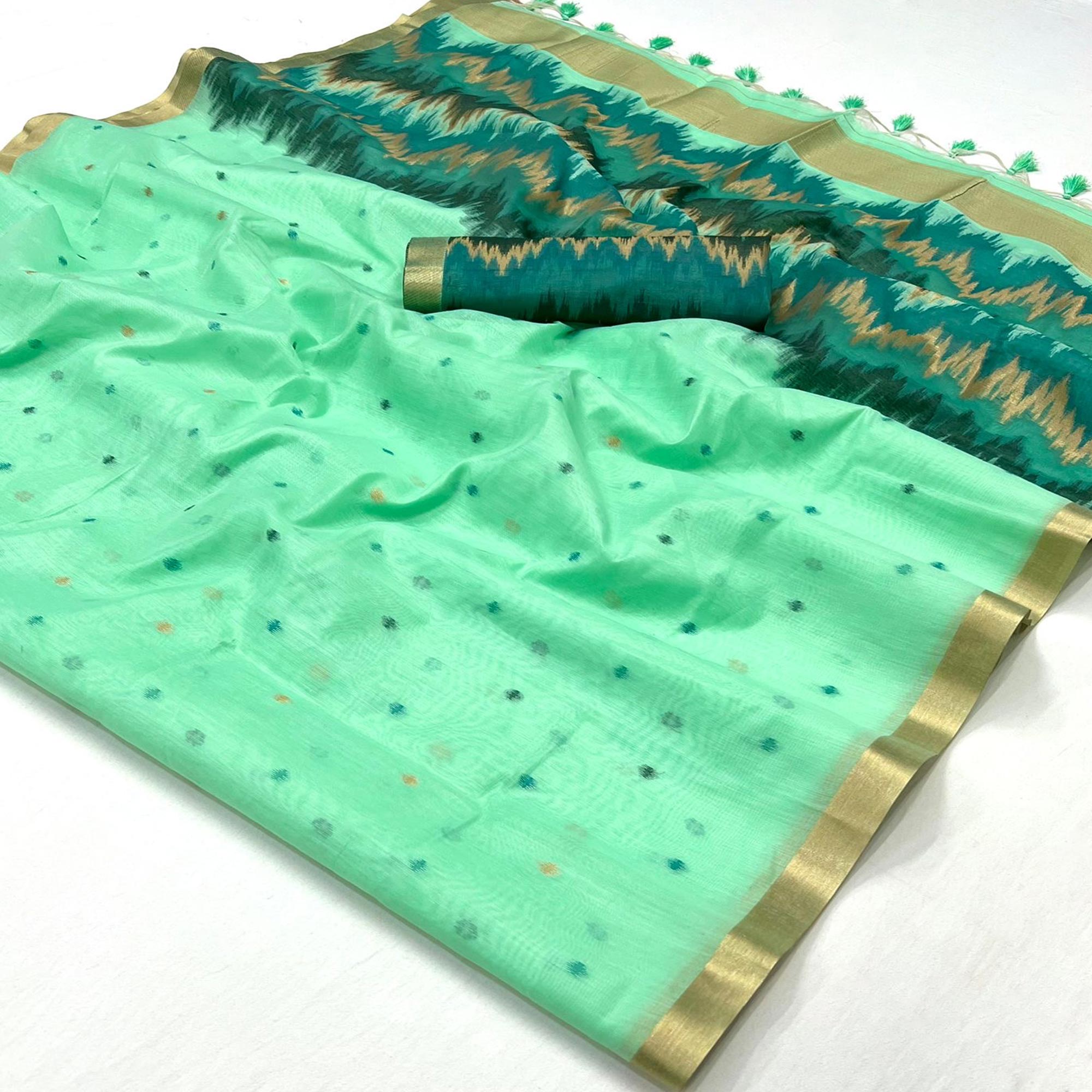 Peachmode Mint Green Woven Cotton Silk Saree – Women's
