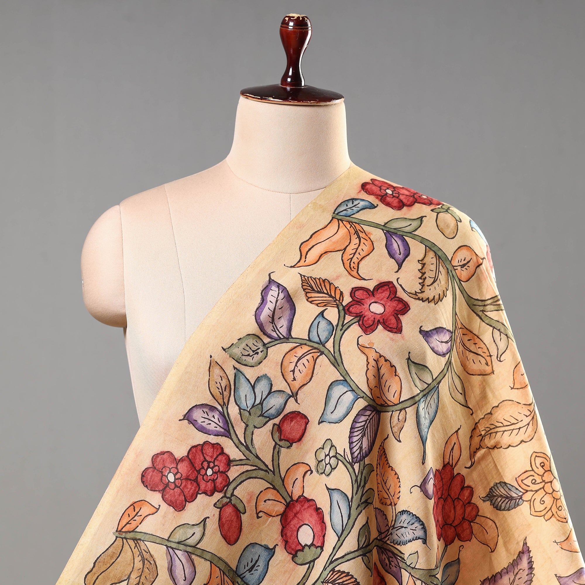 SOUTH KARGHA Beige - Srikalahasti Pen Work Chanderi Silk Kalamkari Fabric 14