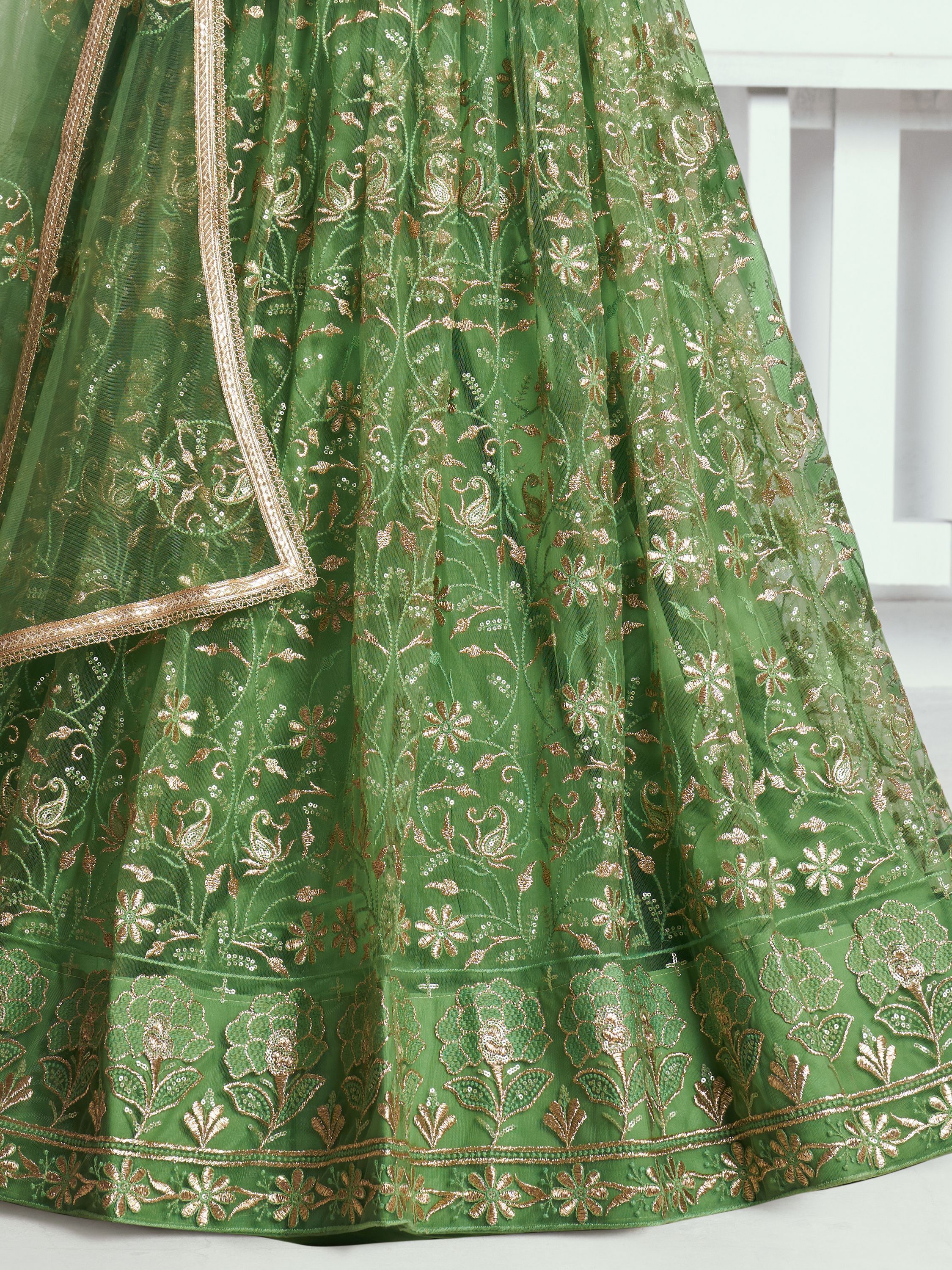 ClothsVilla Elegant Green Embroidered Net Mehendi Lehenga Choli - view 7
