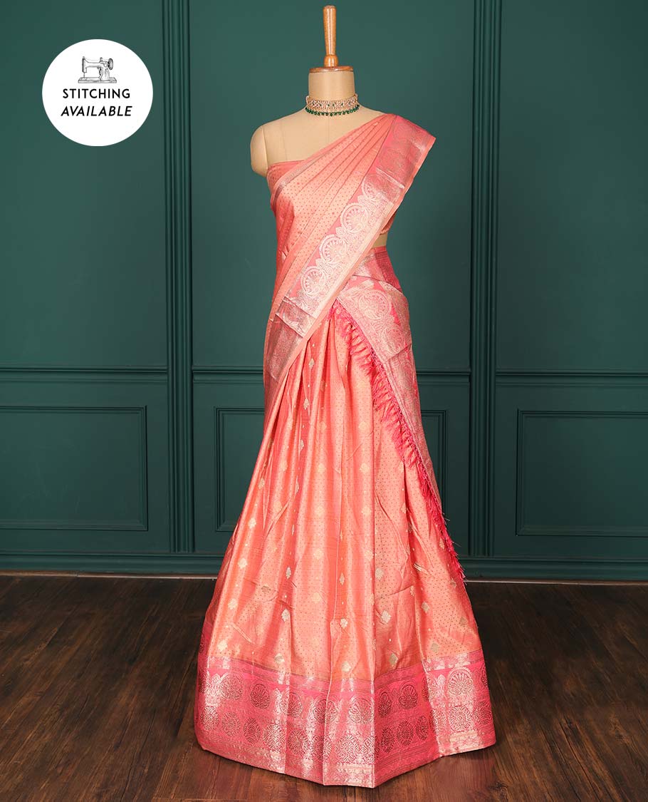 Pothys Pink zari buttas art silk half saree, traditional patterned border, zari design blouse & intricate dupatta