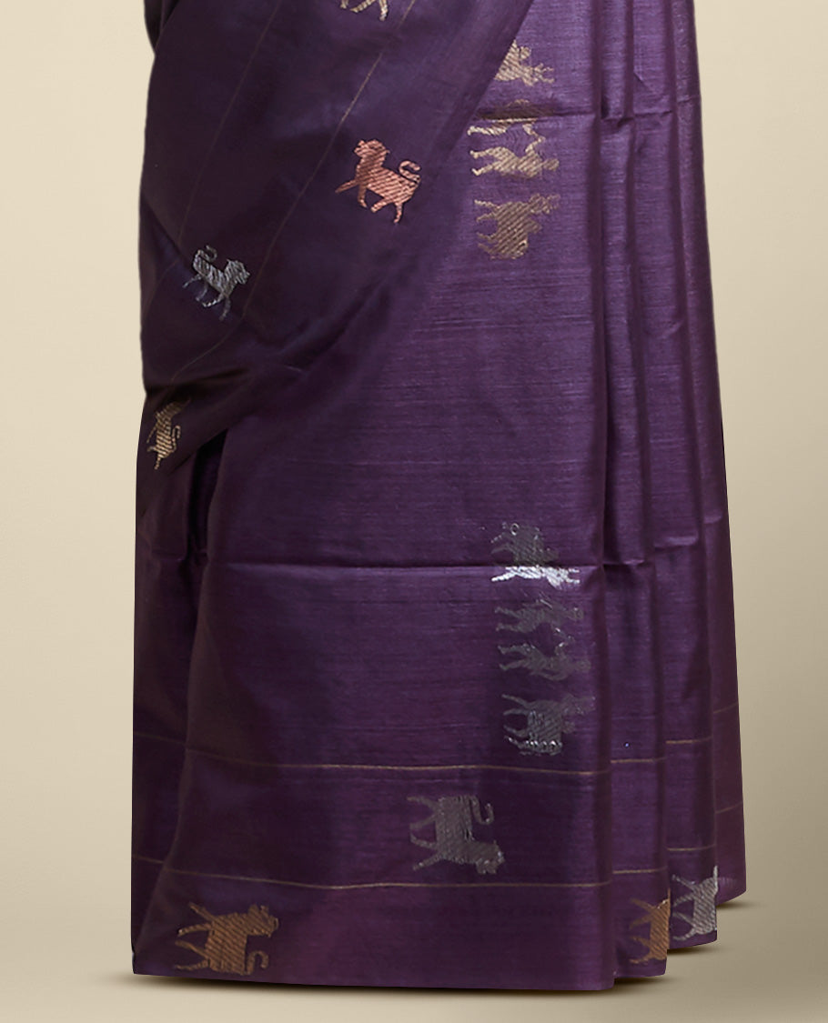 Pothys purple animal motifs tussar silk saree with self zari border - view 3