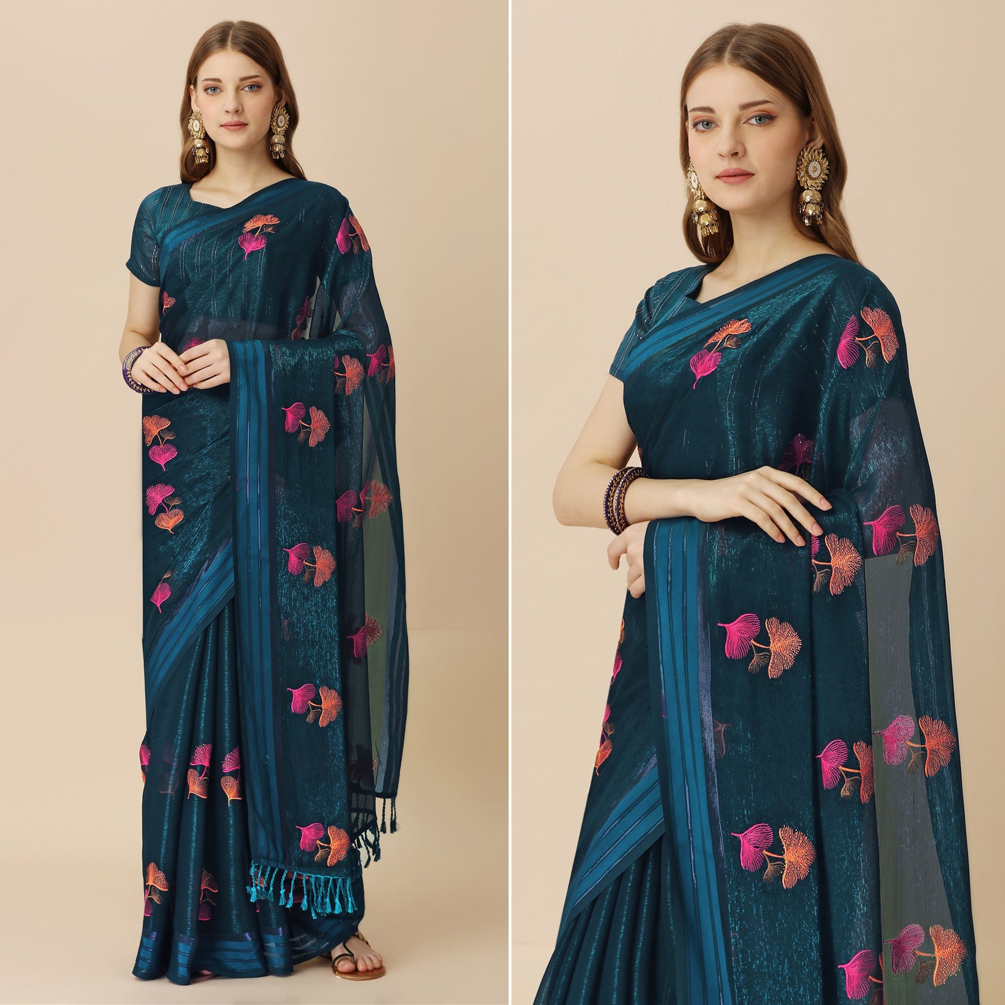 Peachmode Dark Blue Floral Embroidered Chiffon Saree With With Tassels