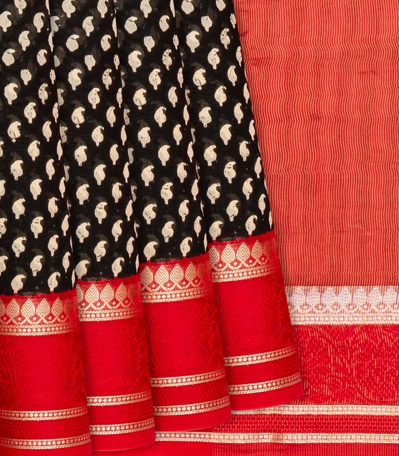 RmKV Black Chanderi Cotton Saree With Printed Motifs & Contrast Border-Black