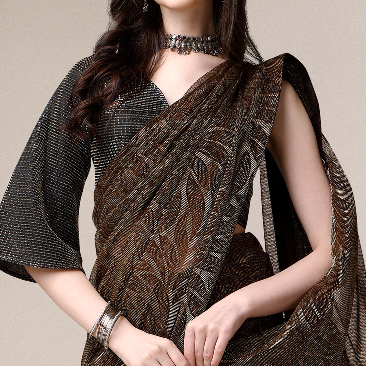 Peachmode Brown Floral Printed Rayon Saree – Women's - view 3
