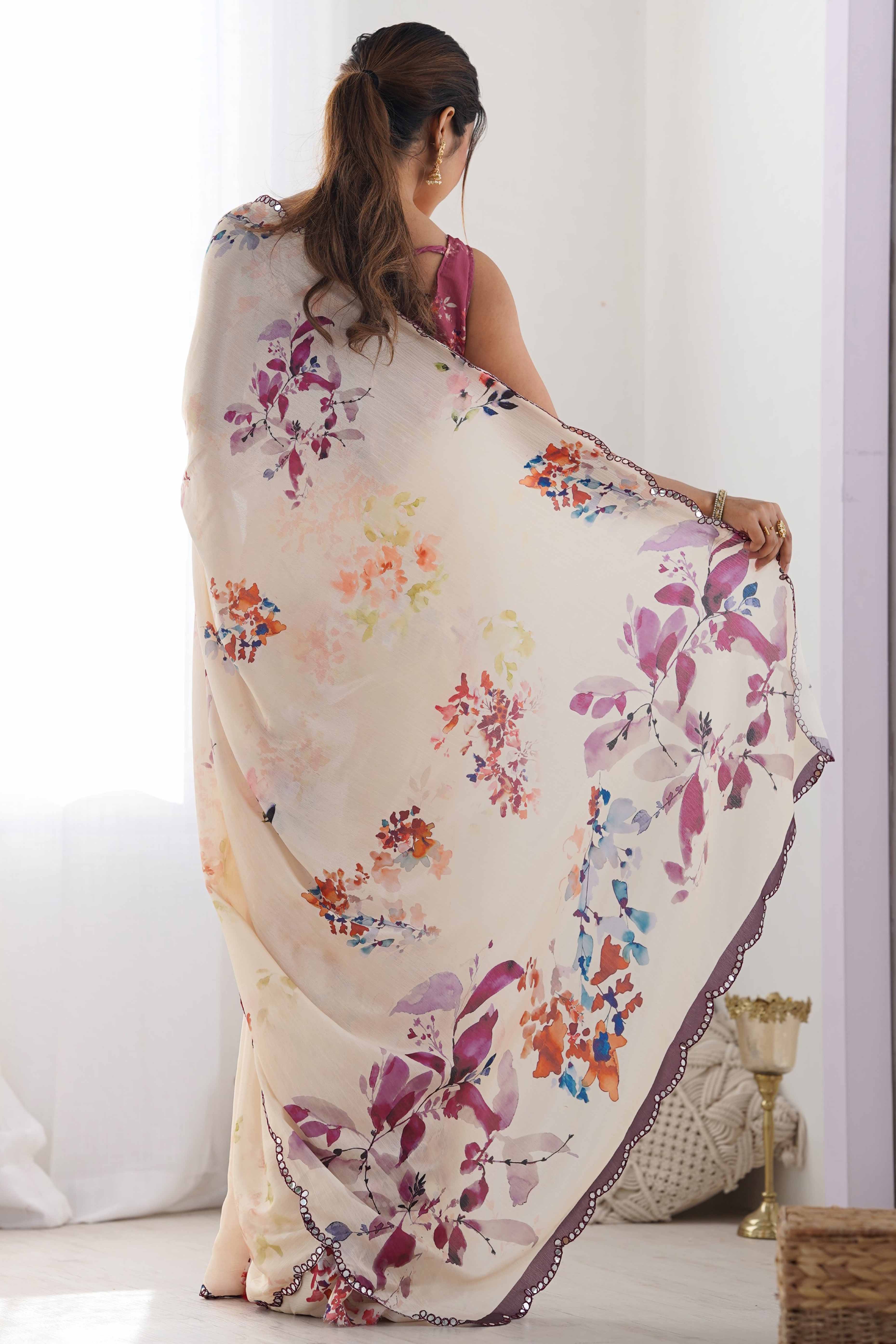 Peachmode Cream Floral Printed Chinon Saree – Women's - view 7