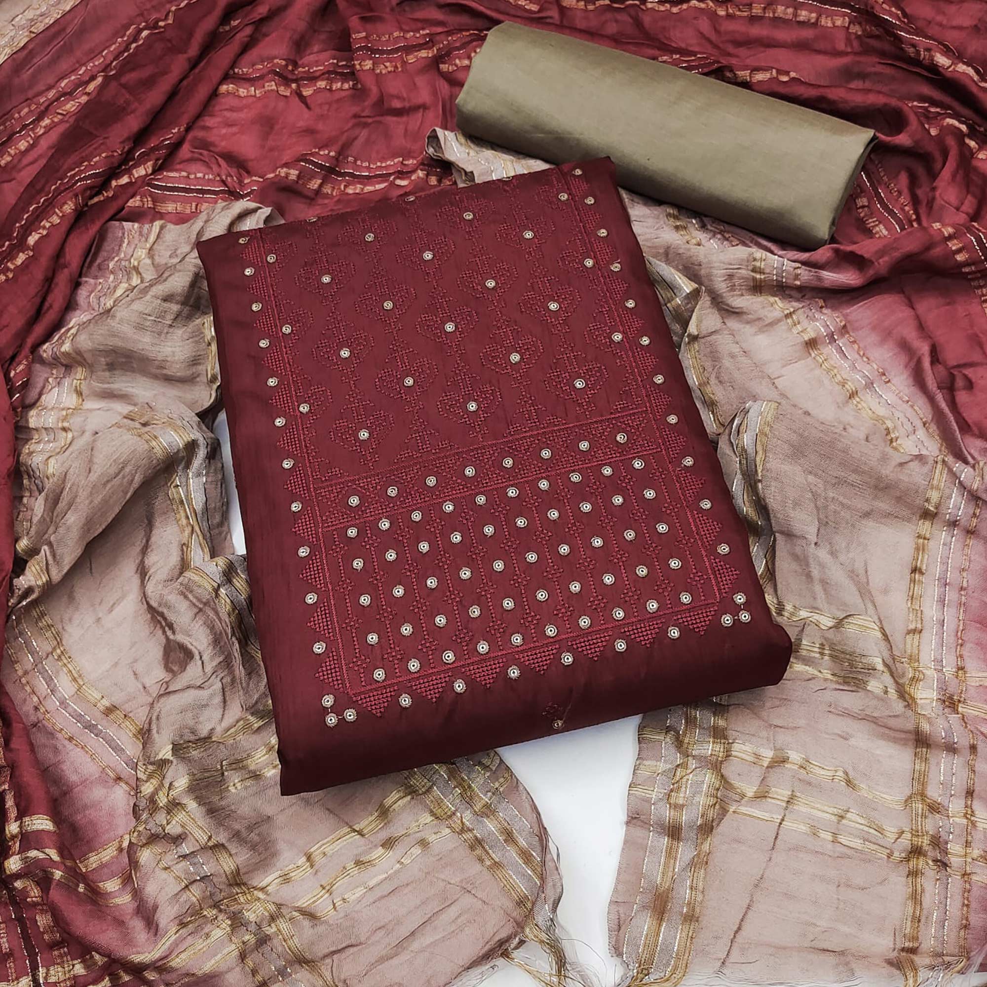 Peachmode Maroon Sequins Embroidered Raw Silk Dress Material