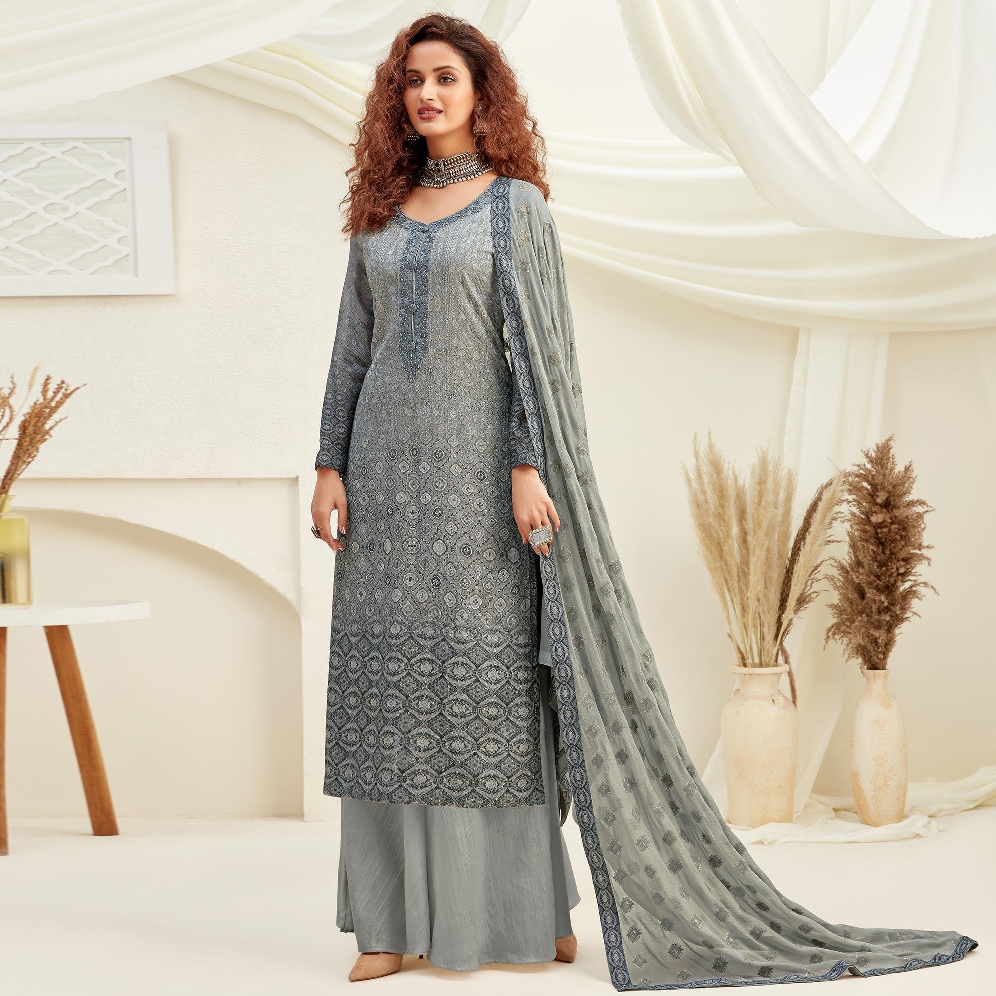 Peachmode Desirable Grey Colored Embroidered With Digital Printed Partywear Pure Viscose Chinnon Chiffon Palazzo Suit