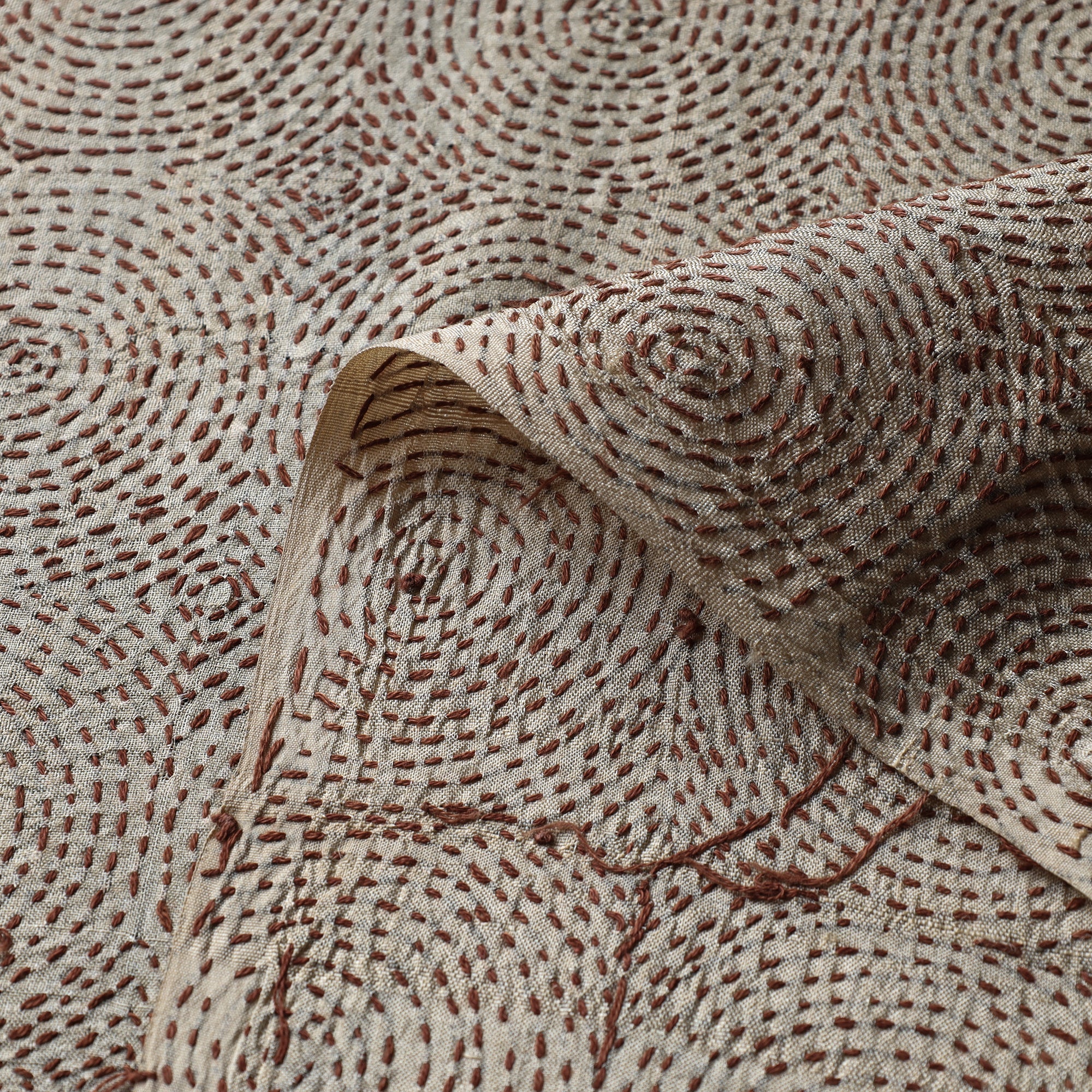 KHUSHBASH - HAPPY LOOM OF EAST Beige - Bengal Kantha Work Pure Tussar Silk Handloom Fabric - view 3