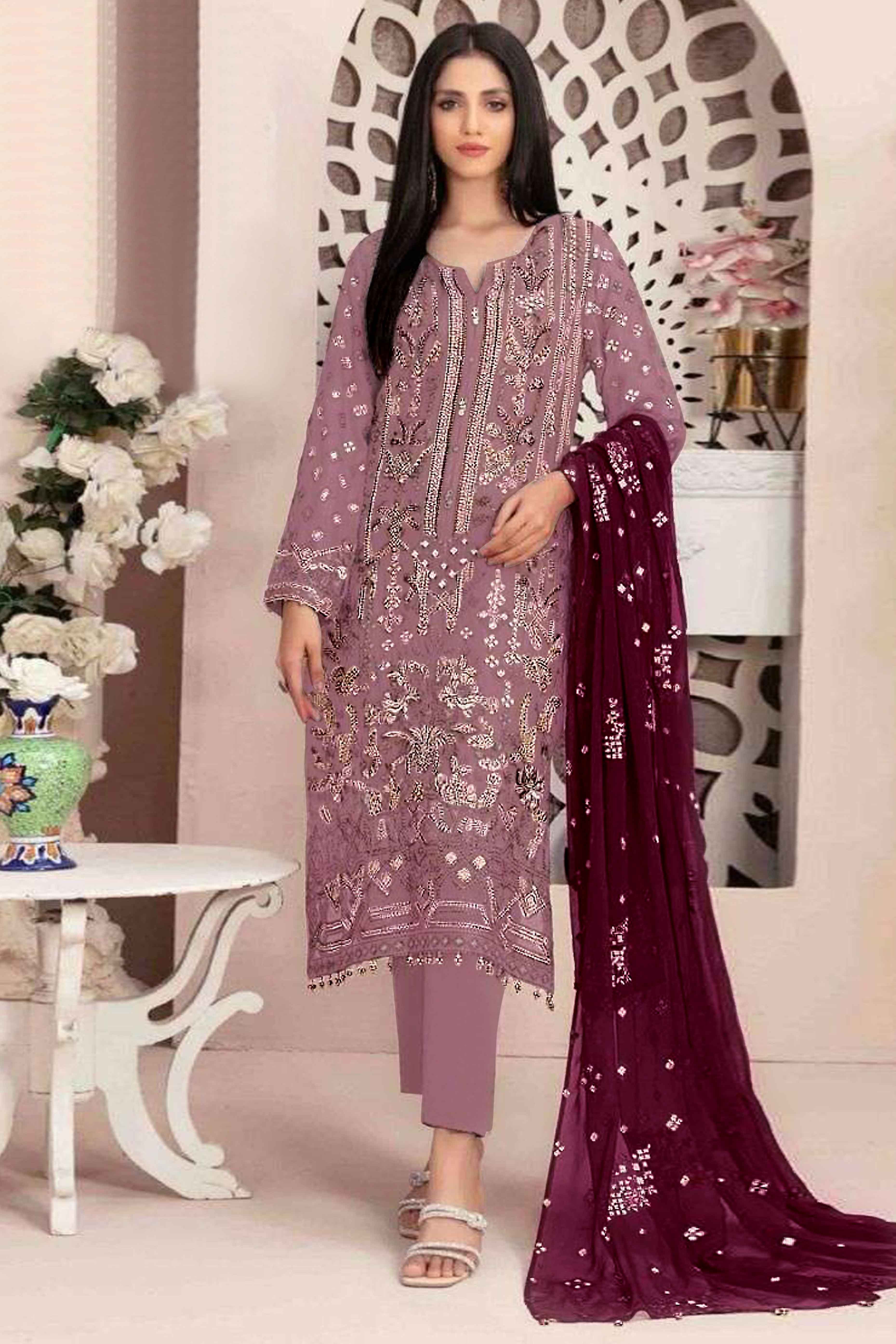 Peachmode Mauve Floral Embroidered With Handwork Georgette Semi Stitched Pakistani Suit