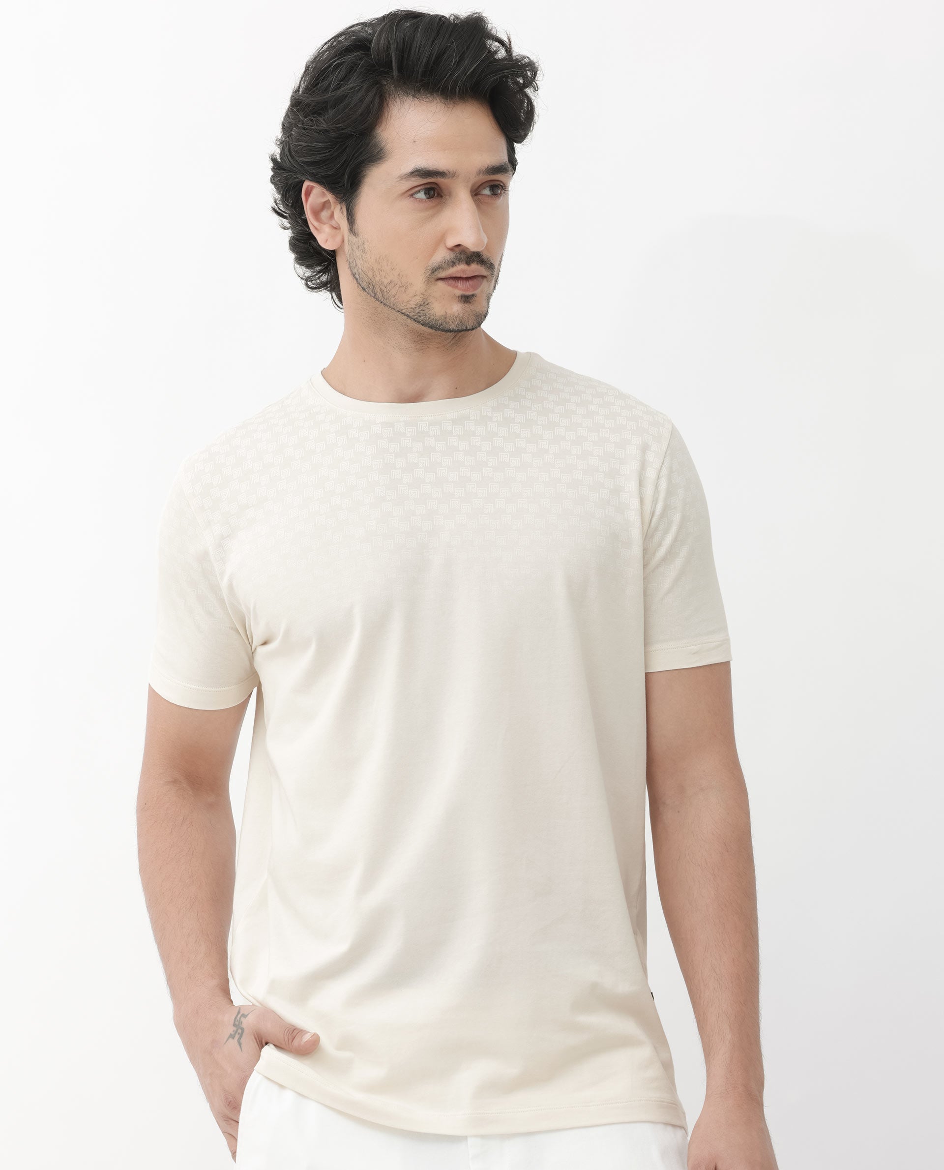Rare Rabbit Articale Mens Tully Beige Cotton Polyester Fabric Short Sleeve Crew Neck Regular Fit Monogram Printed T-Shirt - view 3