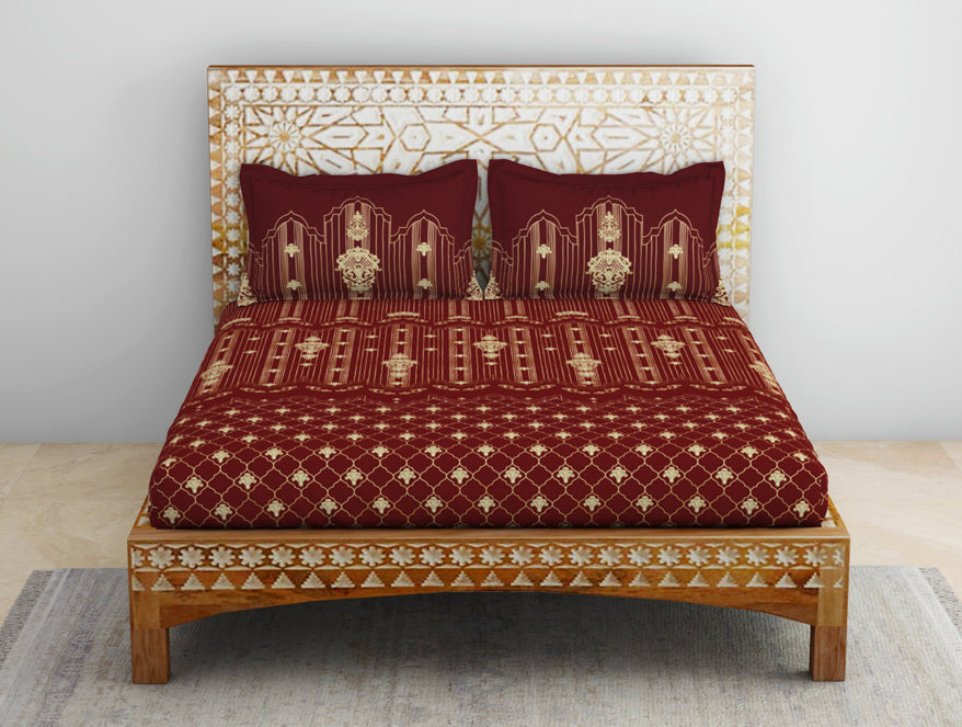 Spaces India Carving Ornate Red 100% Cotton King Size Bedsheet - Rangana by Spaces