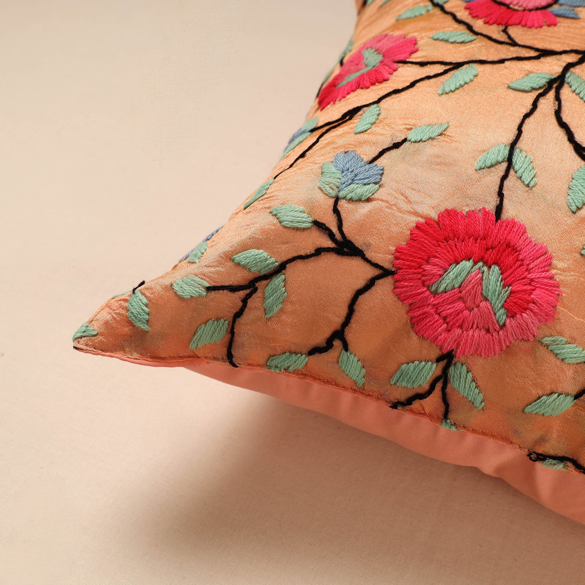 ITOKRI CRAFTS INITIATIVE Brown - Chanderi Silk Phulkari Hand Embroidered Cushion Cover - view 2