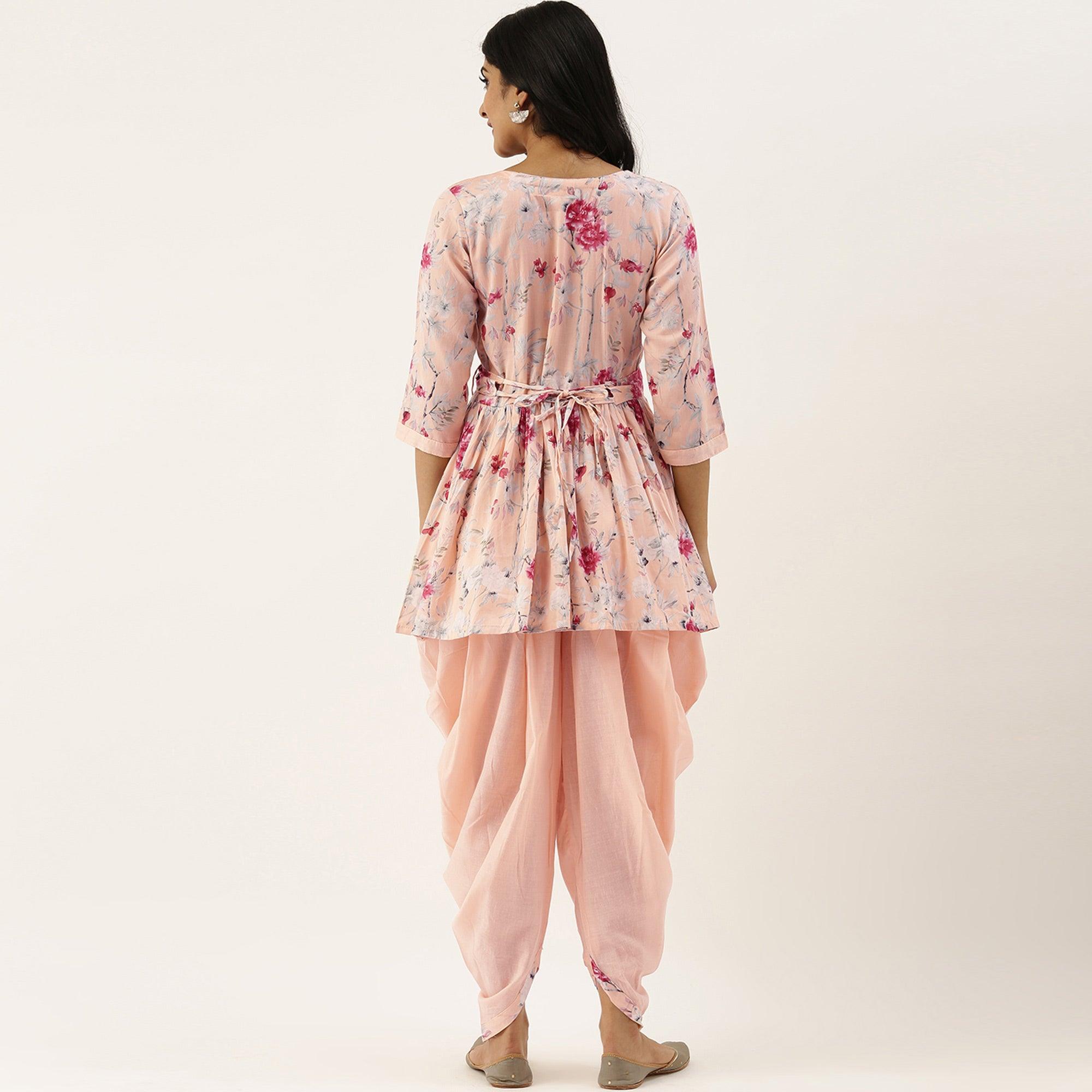Peachmode Seller Light Pink Printed Pure Cotton Kurti With Dhoti Set - view 2