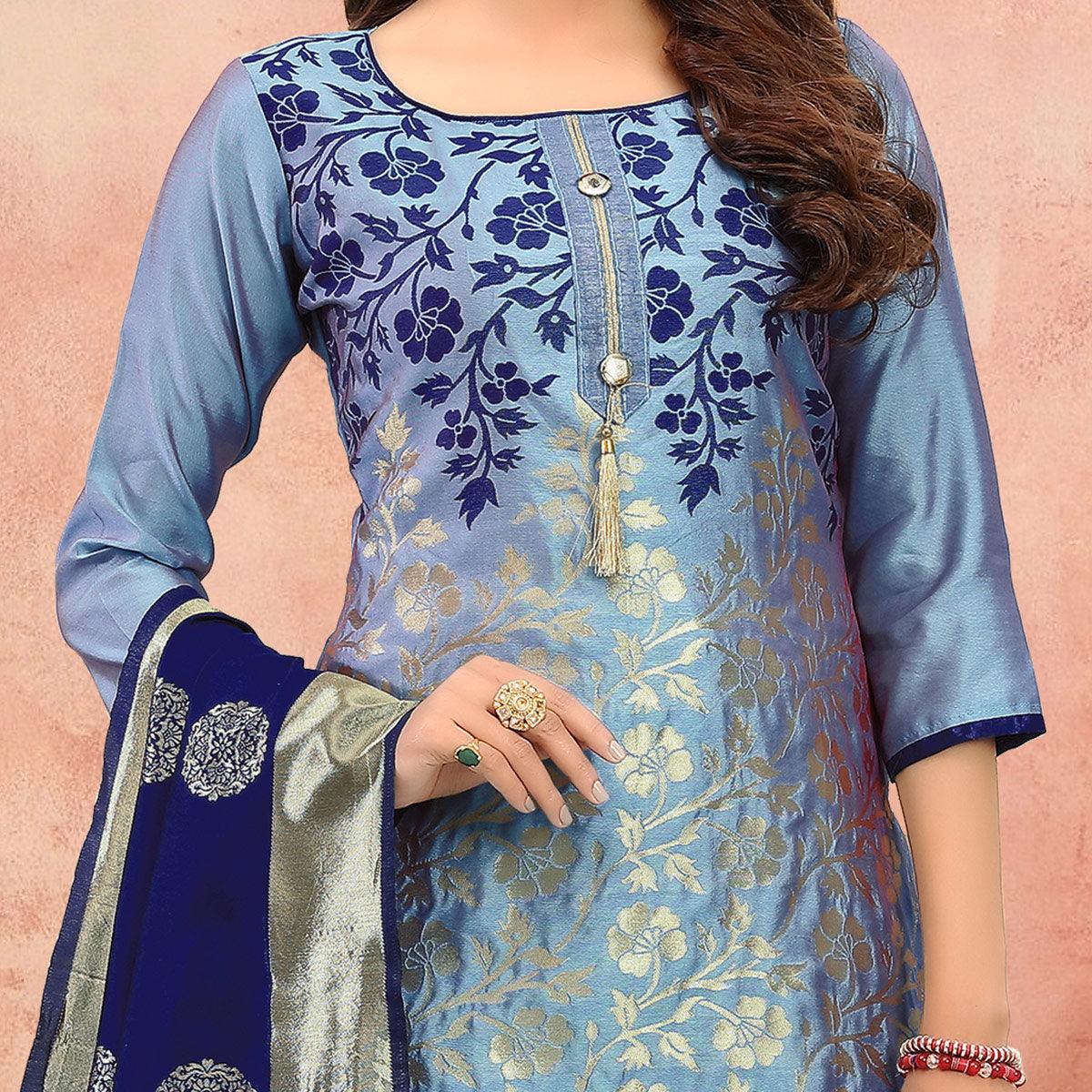Peachmode Flamboyant Blue Colored Festive Wear Woven Heavy Banarasi Silk Dress Material - view 3