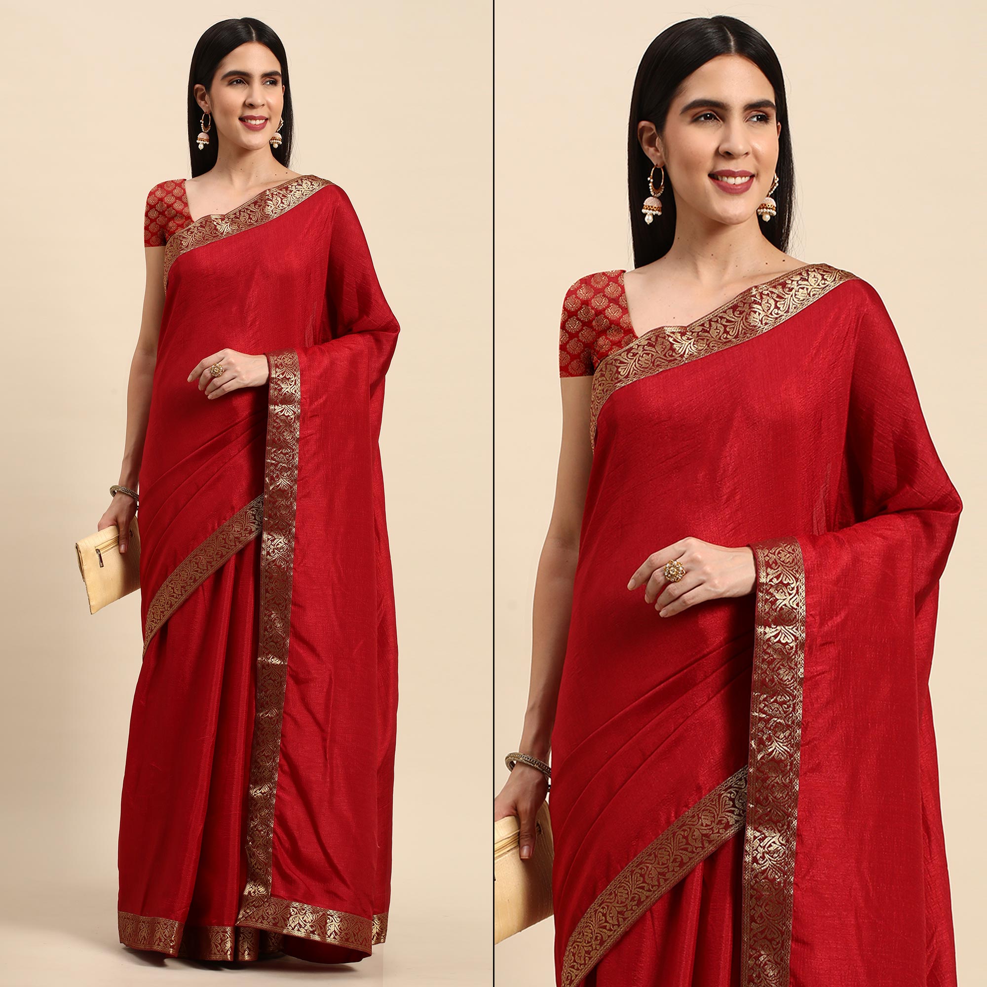 Peachmode Maroon Solid Vichitra Silk Saree With Fancy Zari Border