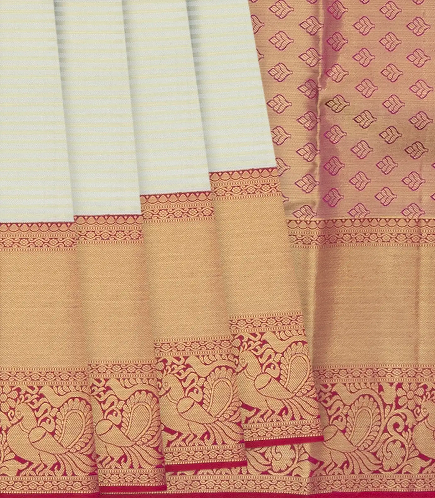RmKV Off White Handloom Kanchipuram Korvai Silk Saree With Stripes & Annam Motifs In Border-Off White