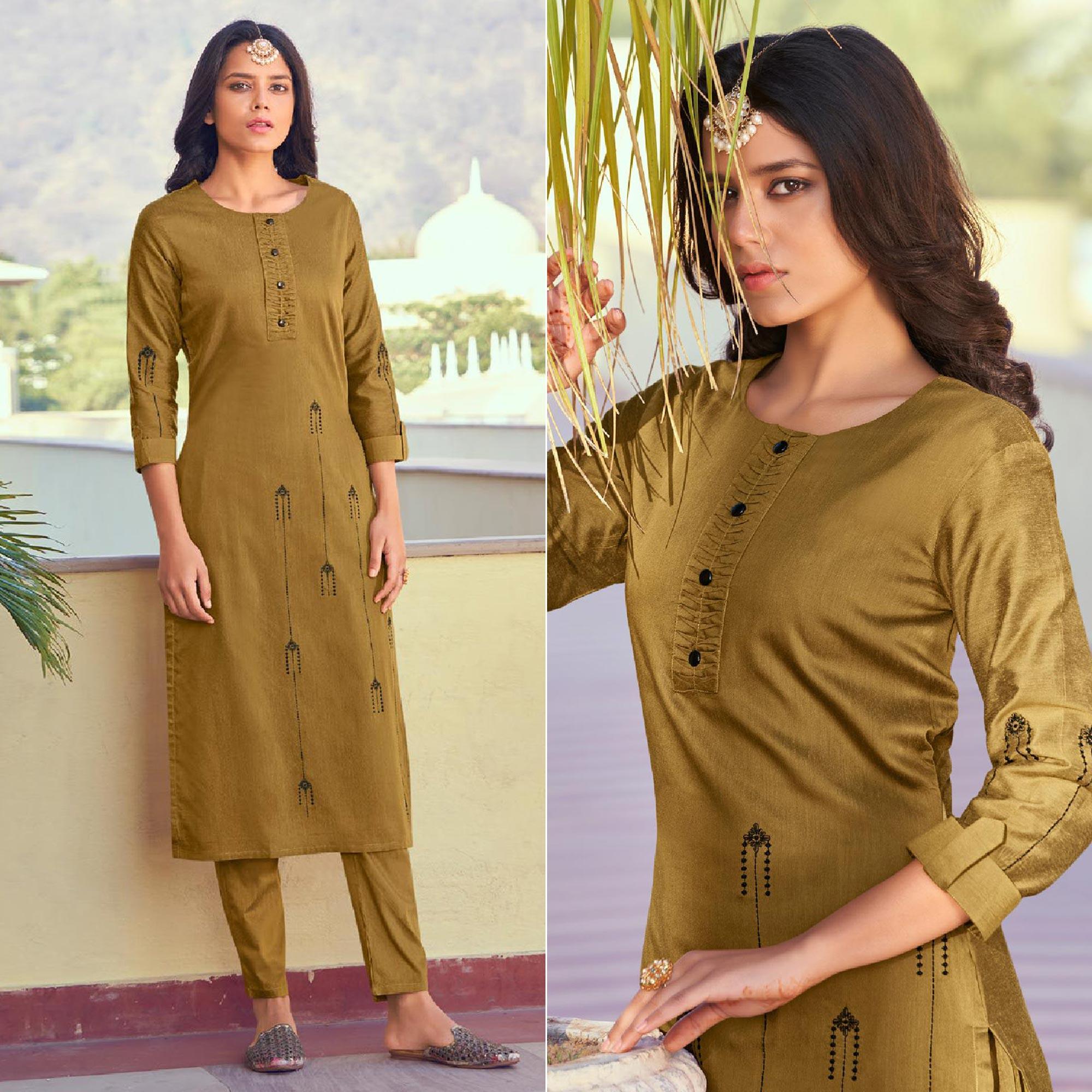 Peachmode Seller Mehendi Green Embroidered Viscose Kurti Pant Set