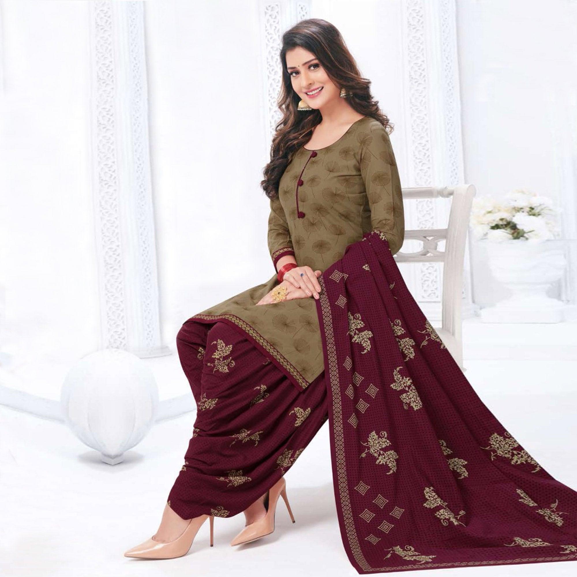 Peachmode Mehndi Green Casual Wear Printed Leon Patiala Dress Material