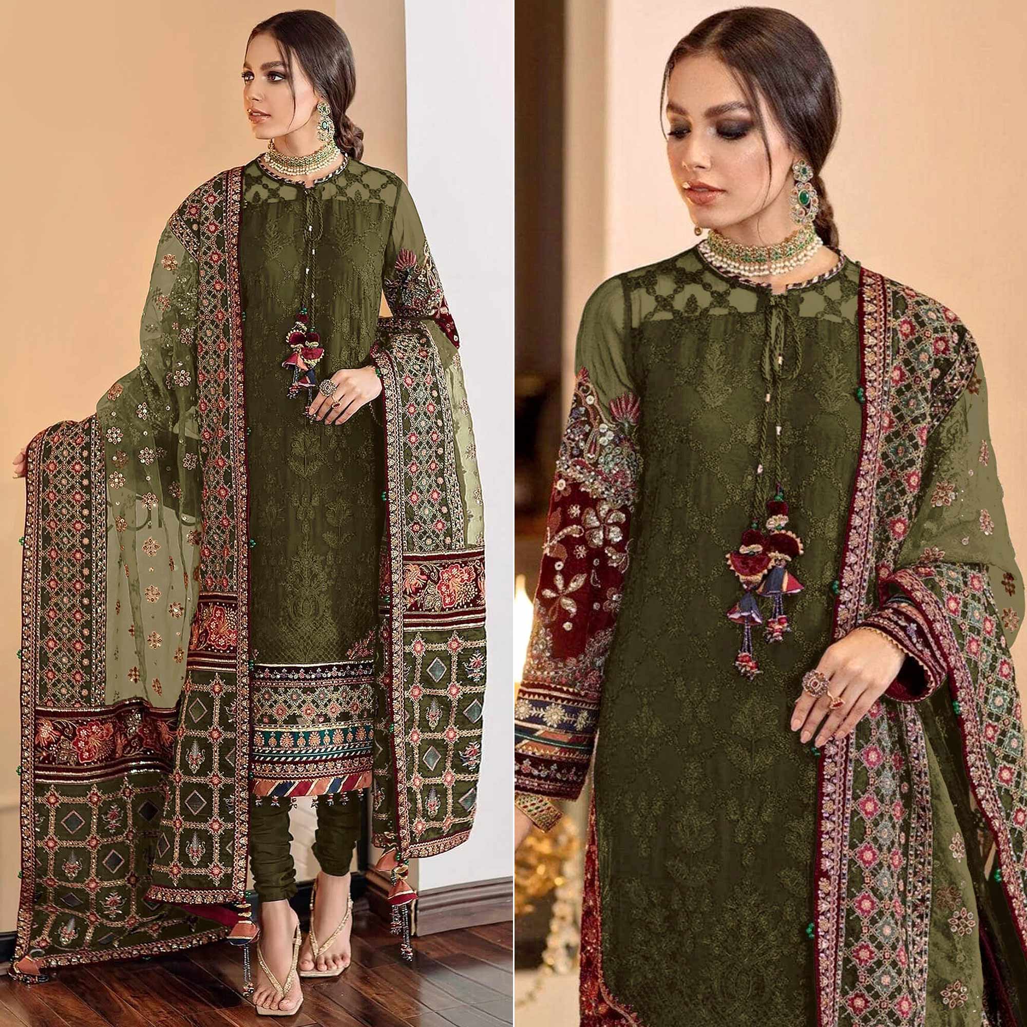 Peachmode Mehendi Green Sequins Embroidered Georgette Pakistani Suit