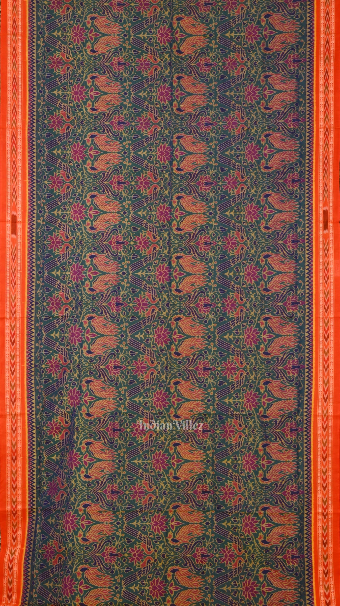 IndianVillèz Green Lotus & Peacock Theme Sambalpuri Cotton Saree - view 3