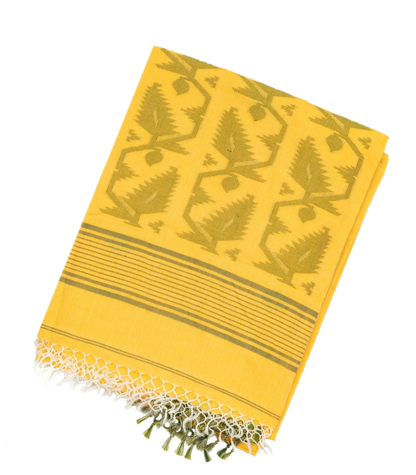 RmKV Yellow Handloom Bengal Cotton Saree With Floral Motifs