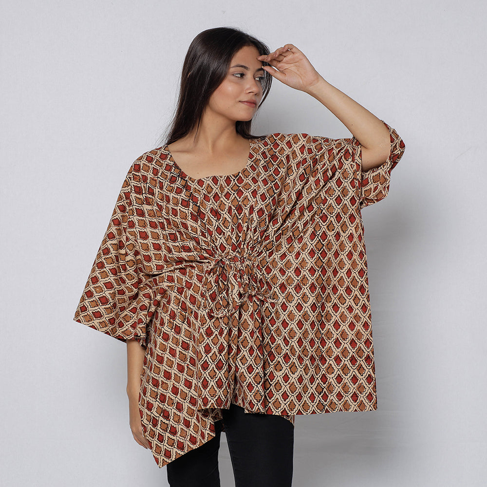 ITOKRI CASUALS Brown - Sanganeri Block Printed Cotton Kaftan with Tie-Up Waist (Short) - view 2