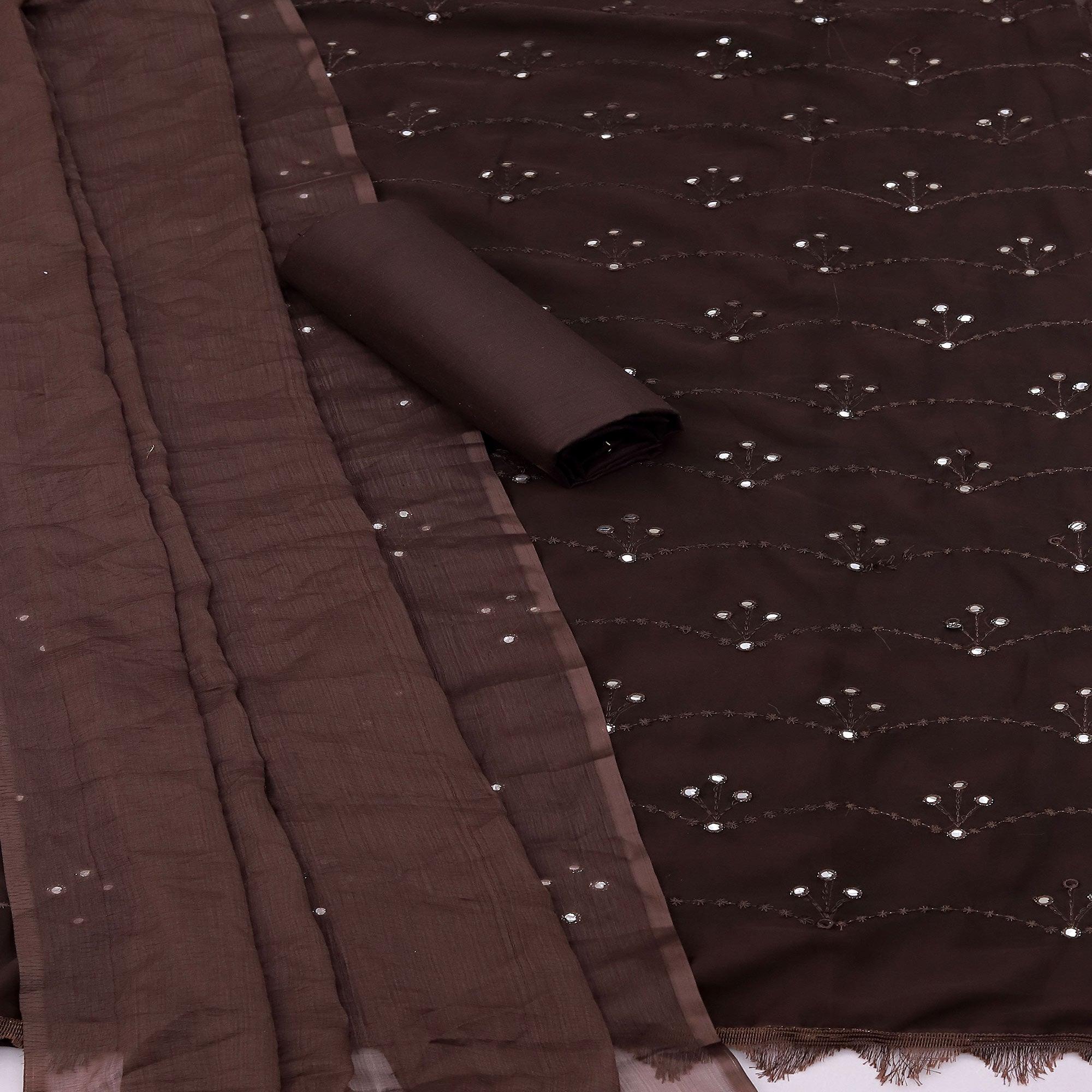 Peachmode Brown Embellished With Embroidered Georgette Dress Material - view 2