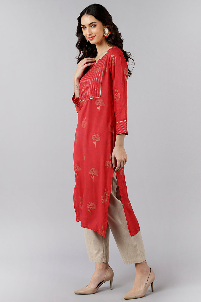 Ahika Red Cotton Sequin Embroidered Straight Kurti VEK1065 - view 3