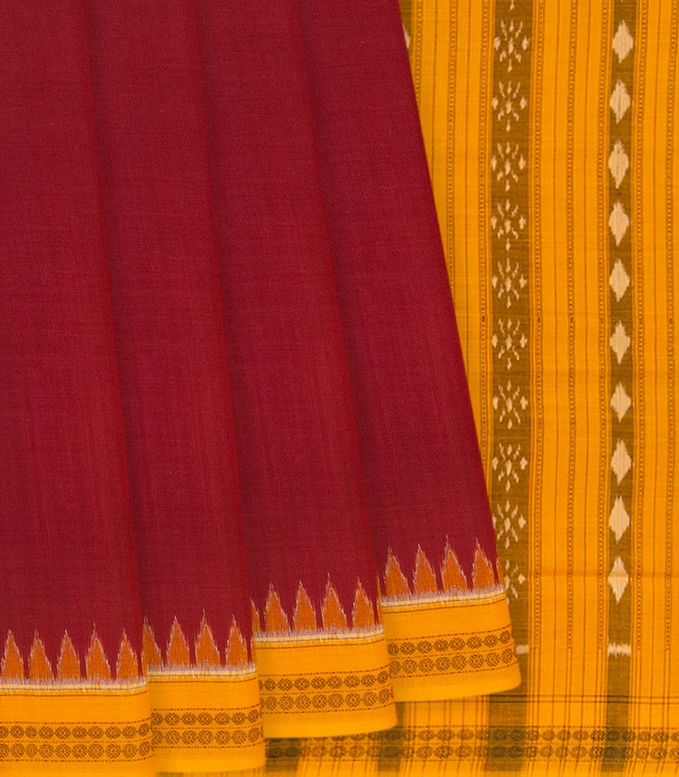 RmKV Crimson Handloom Orissa Cotton Saree With Mustard Temple Border-Crimson