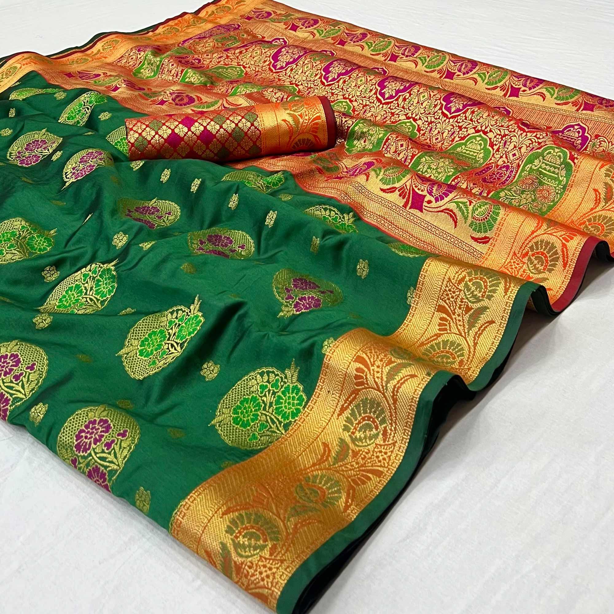 Peachmode Bottle Green Woven Art Silk Saree – Women's