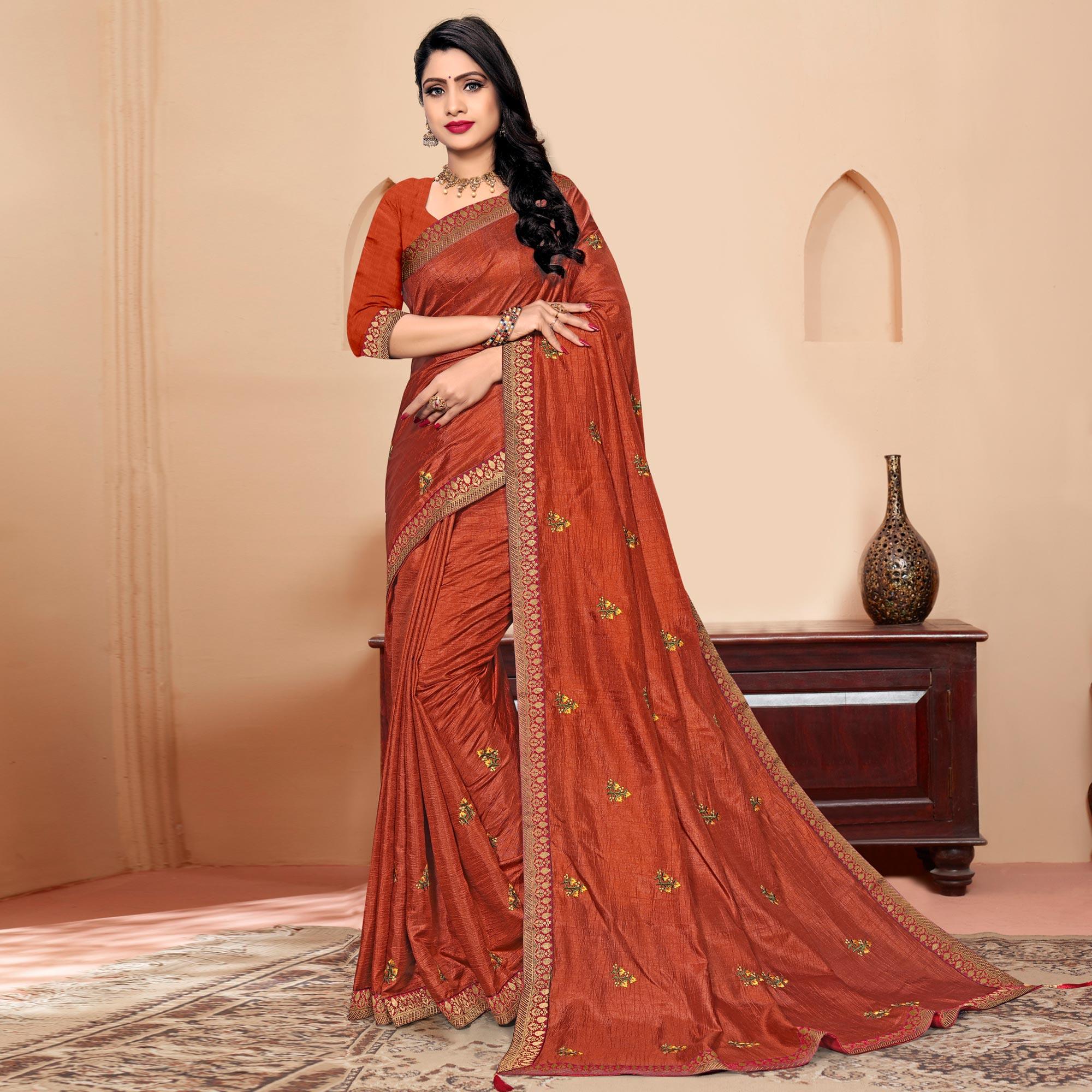 Peachmode Brown Embroidered Vichitra Silk Saree