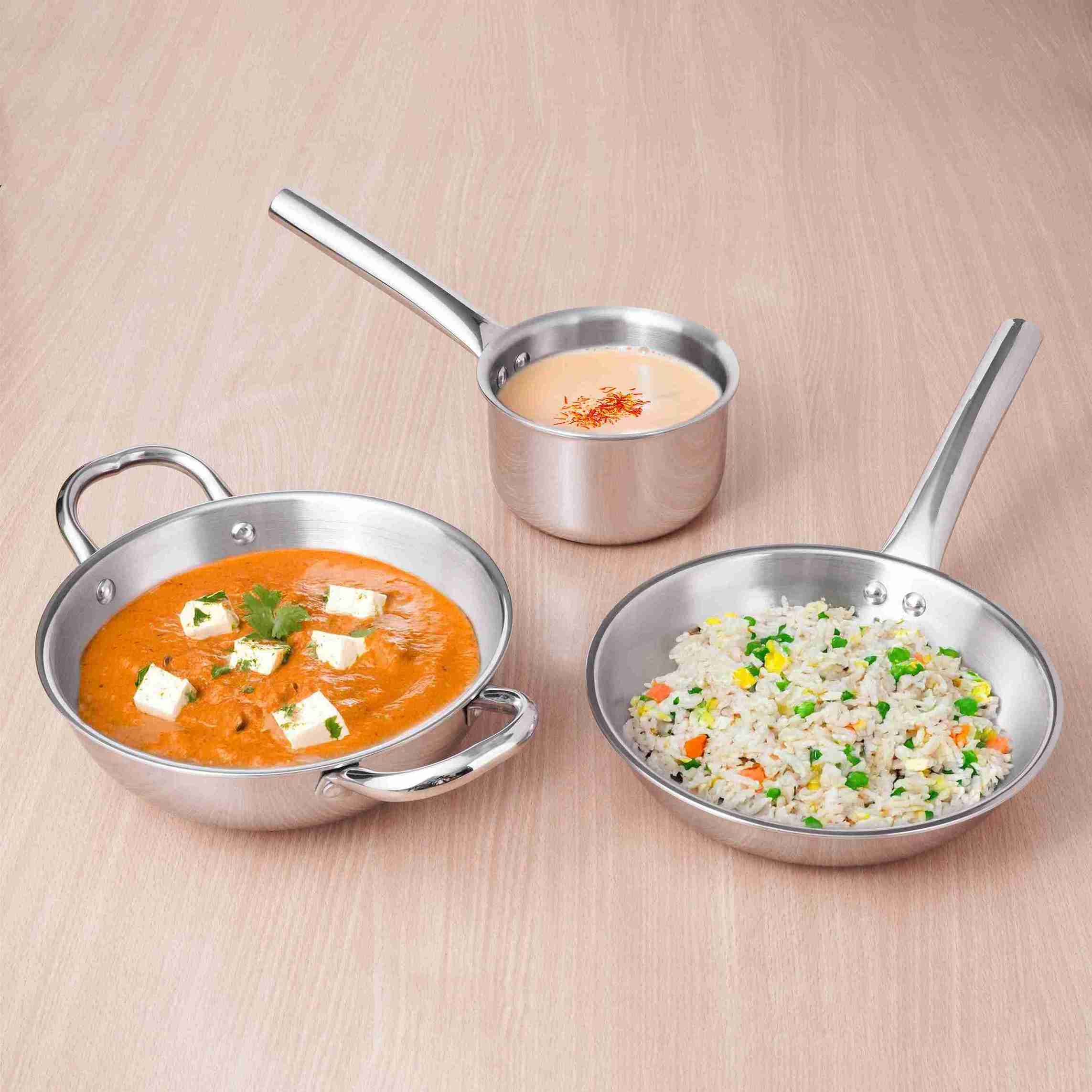 The Indus Valley TurboCuk Tri-ply Stainless Steel Cookware Set: 2.2L Kadai+ 1.4L Frypan+ 1.2L Tea/Milk pan, Premium Quality, 3 Layer Thick Body, 100% 