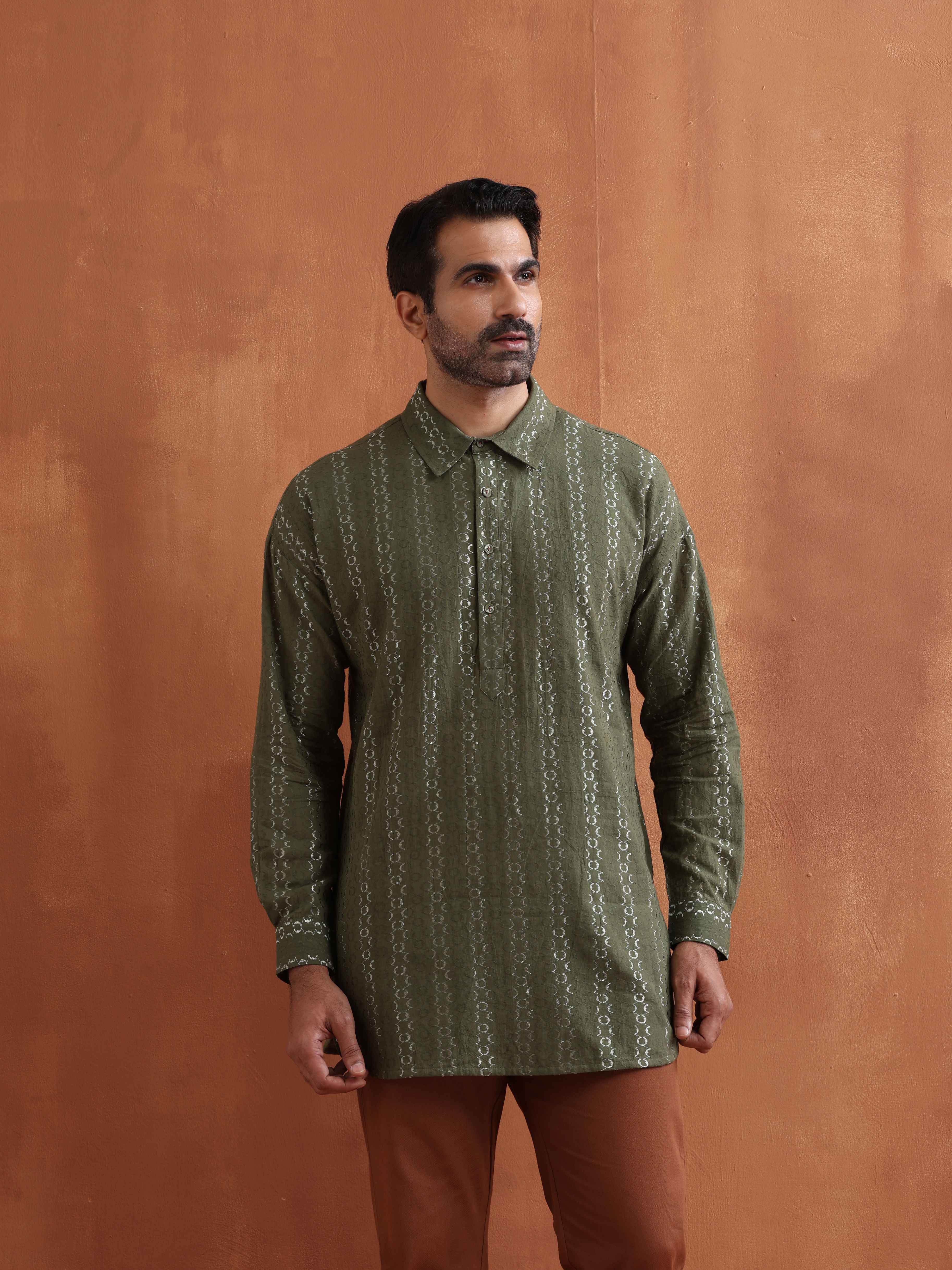 trueBrowns Men's Olive Green Cotton Dobby Short Kurta - view 6